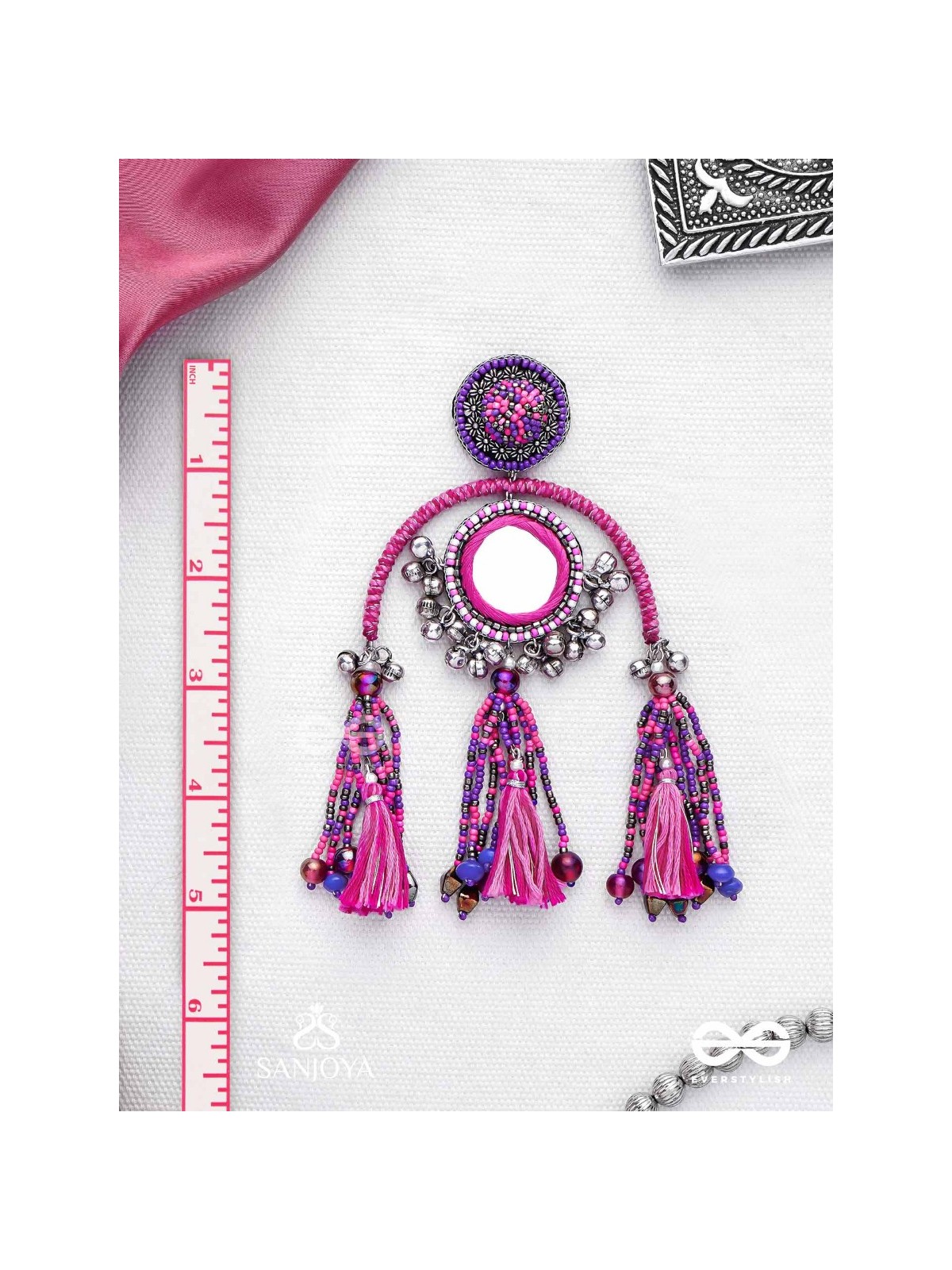 Madhurya - The Charismatic Mirrors - Mirrors, Beads And Resham Hand Embroidered Oxidised Earrings