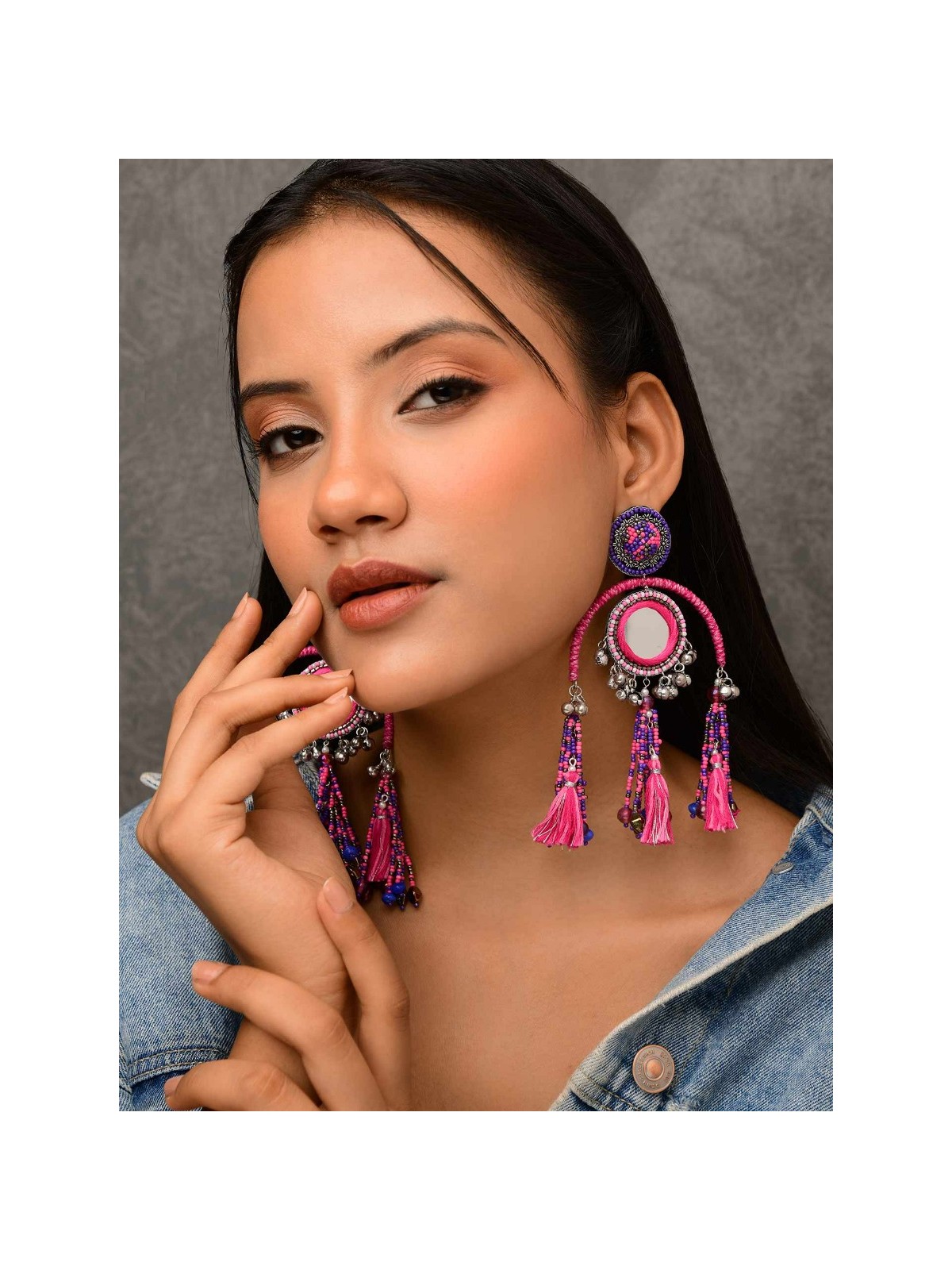 Madhurya - The Charismatic Mirrors - Mirrors, Beads And Resham Hand Embroidered Oxidised Earrings