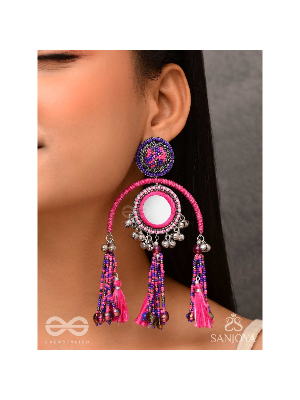 Madhurya - The Charismatic Mirrors - Mirrors, Beads And Resham Hand Embroidered Oxidised Earrings