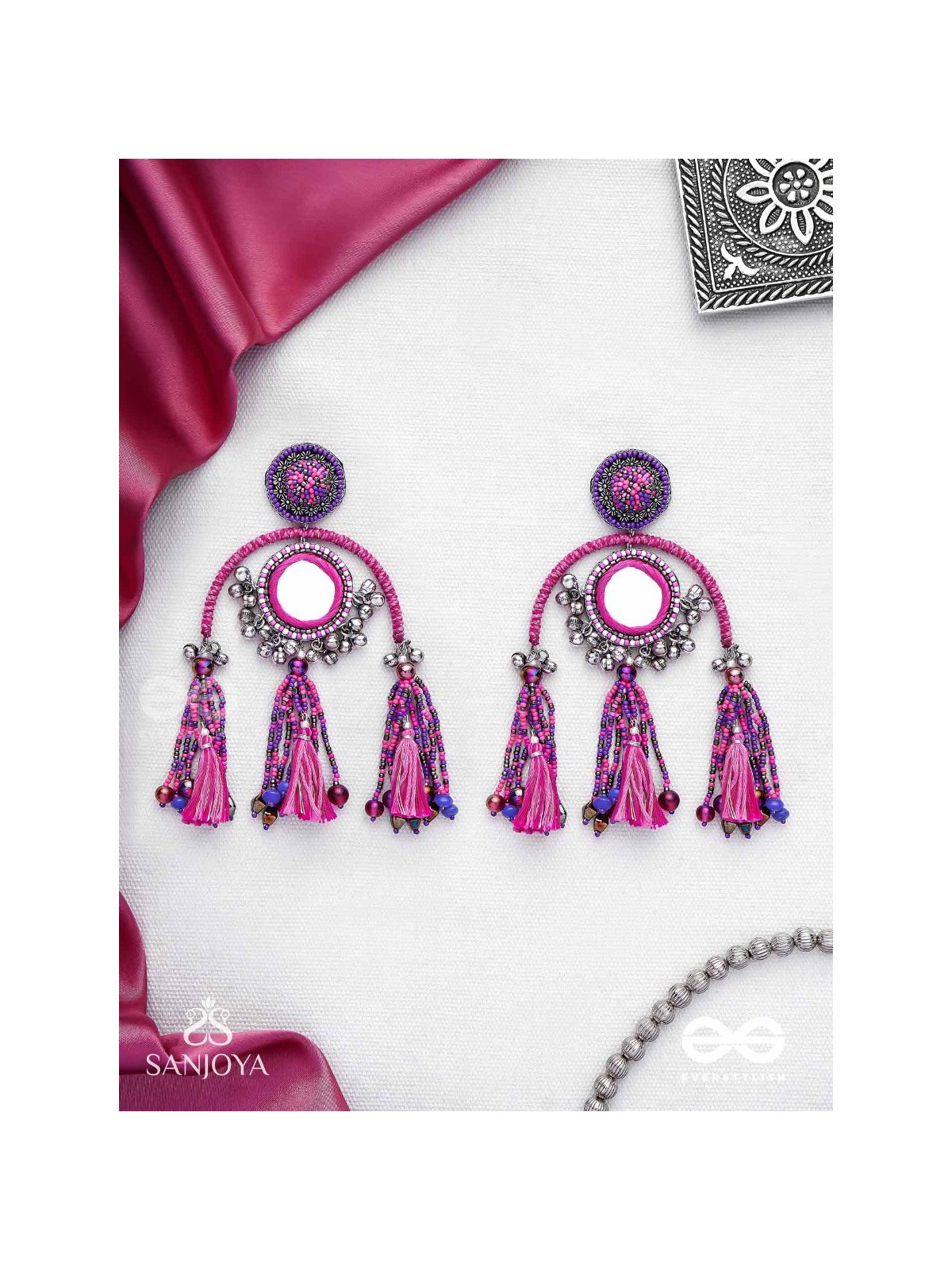 Madhurya - The Charismatic Mirrors - Mirrors, Beads And Resham Hand Embroidered Oxidised Earrings
