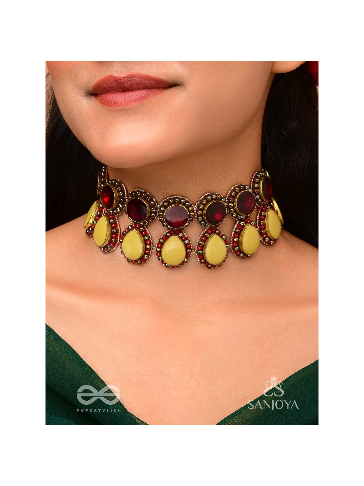Rasvatta - The Olive Elegance - Stones And Beads Hand Embroidered Choker Neckpiece