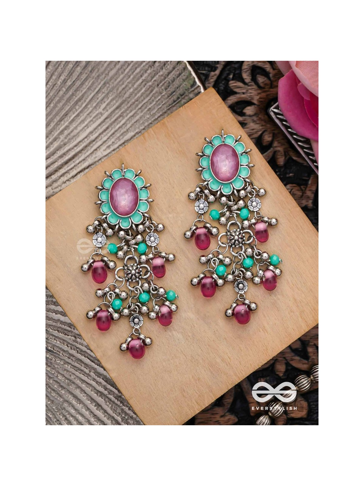 The Rosy Mist - Enamelled Oxidised Earrings