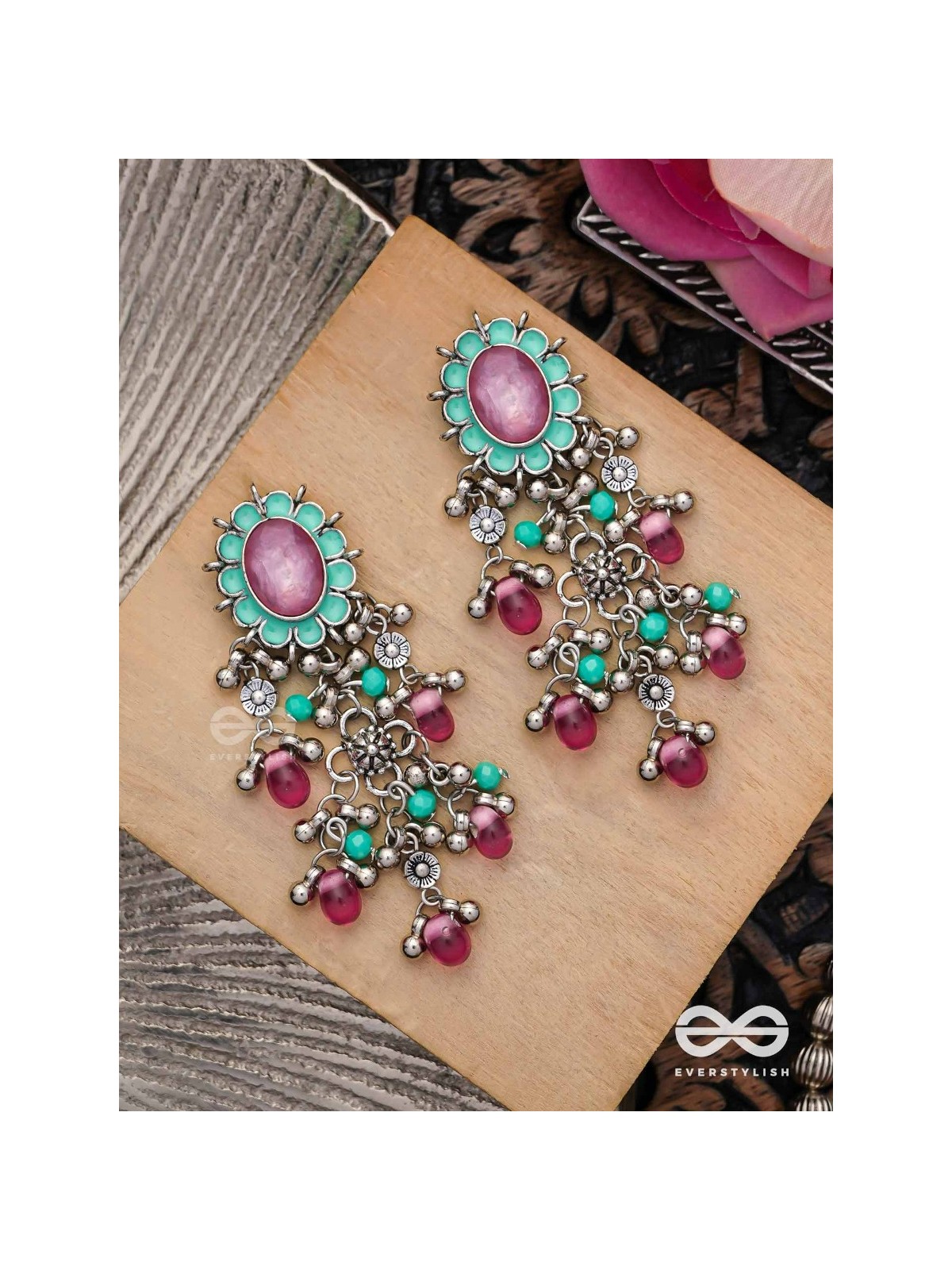 The Rosy Mist - Enamelled Oxidised Earrings