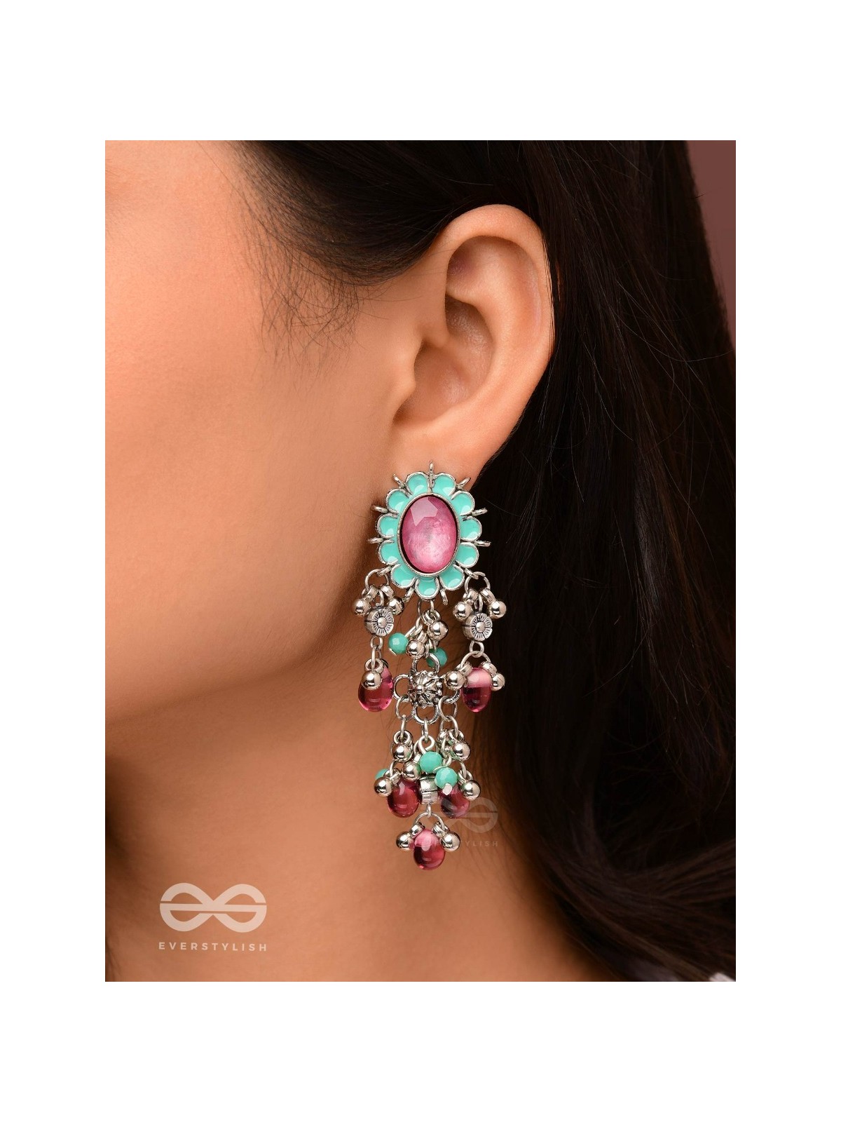 The Rosy Mist - Enamelled Oxidised Earrings