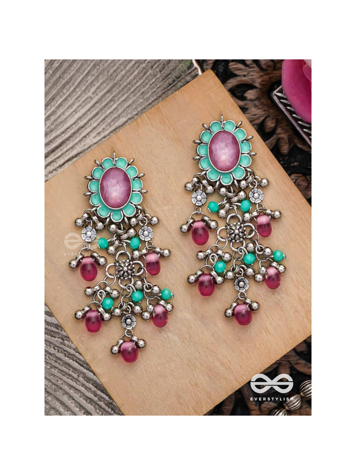 The Rosy Mist - Enamelled Oxidised Earrings