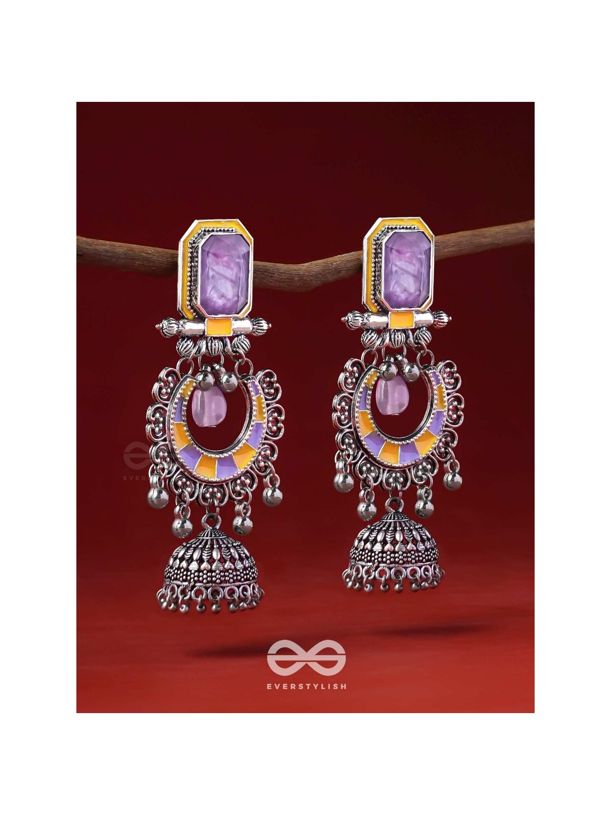 The Lavender Rays - Stone Enamelled Oxidised Earrings