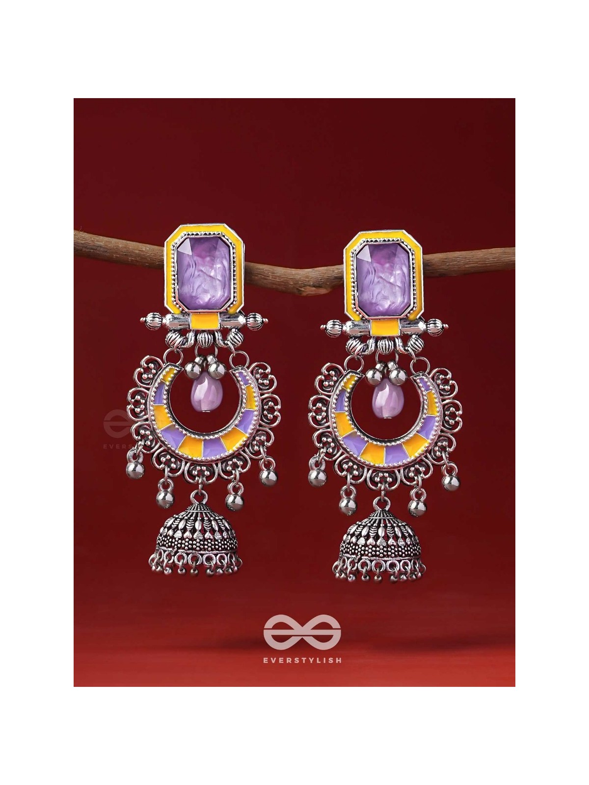 The Lavender Rays - Stone Enamelled Oxidised Earrings