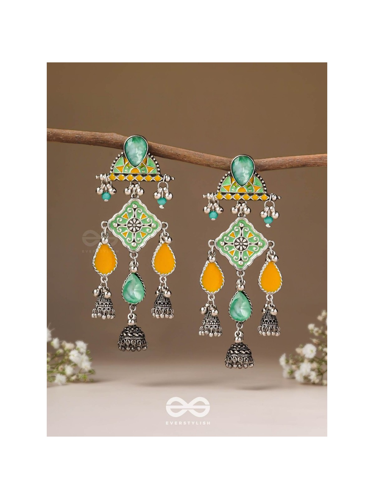 The Sunlit Grove - Stones Enamelled Oxidised Earrings