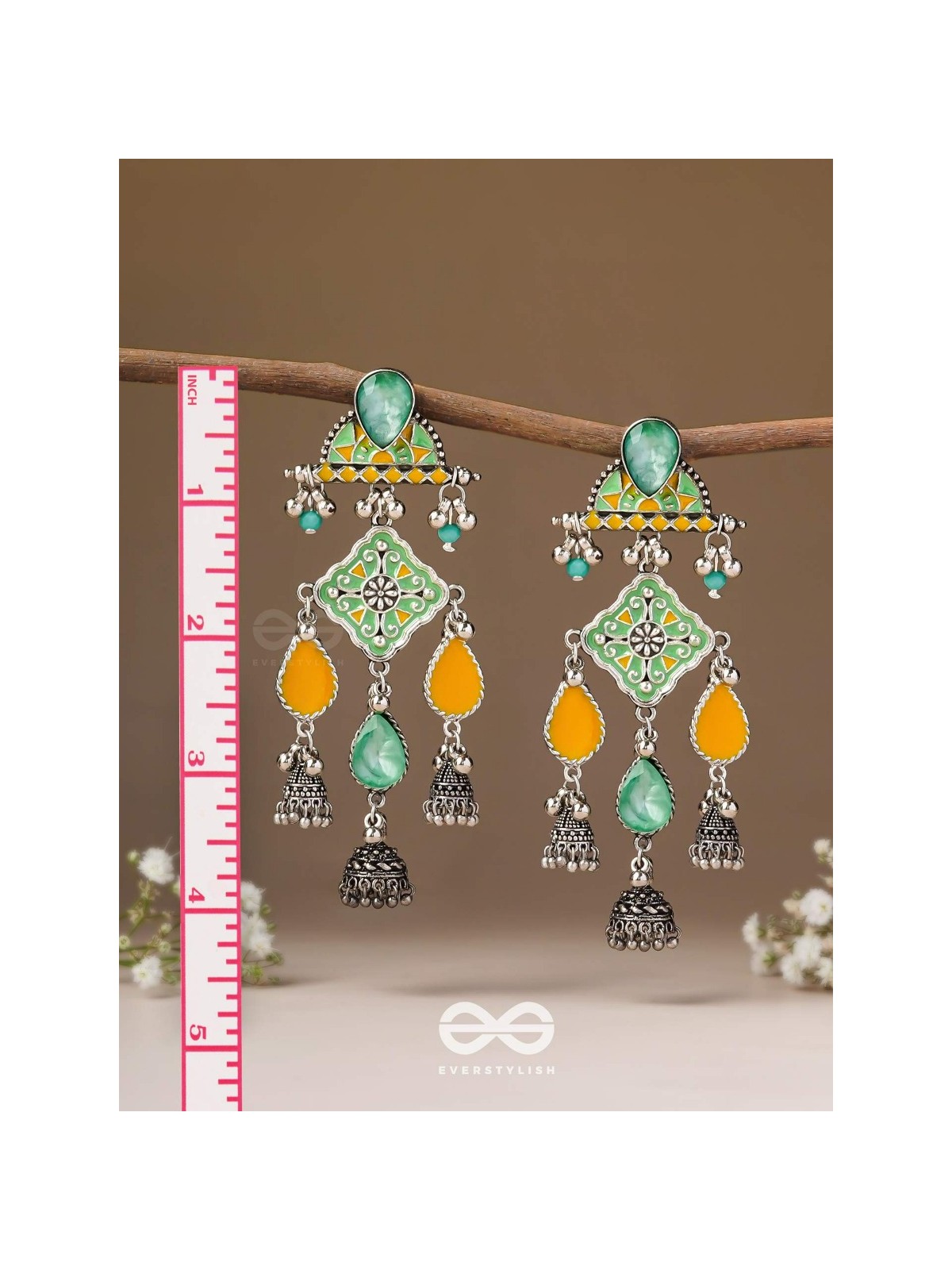 The Sunlit Grove - Stones Enamelled Oxidised Earrings