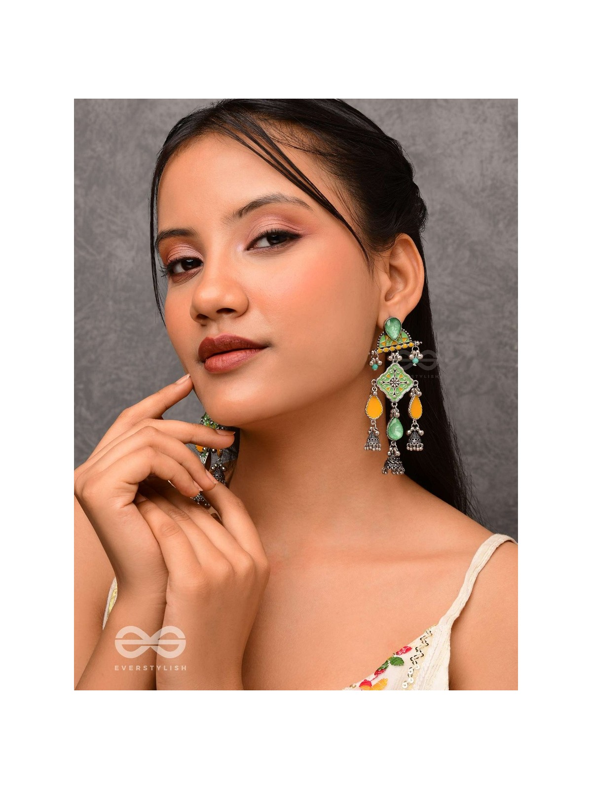 The Sunlit Grove - Stones Enamelled Oxidised Earrings