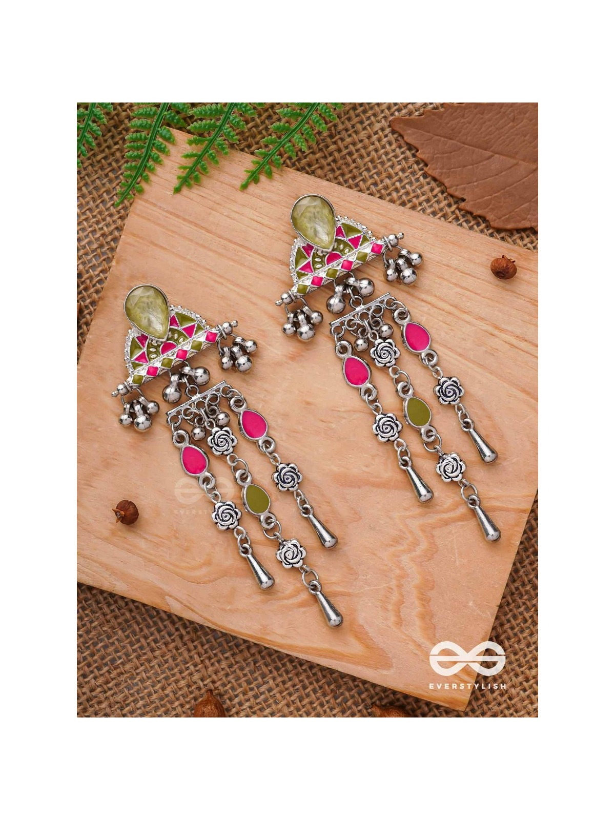 The Olive Roses - Stone Enamelled Oxidised Earrings