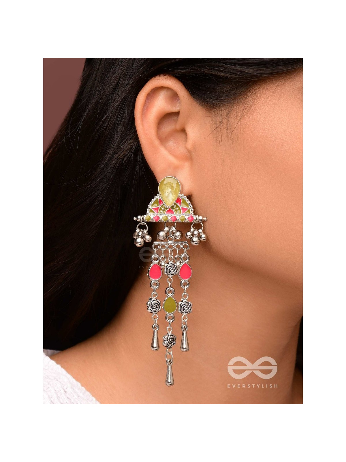 The Olive Roses - Stone Enamelled Oxidised Earrings