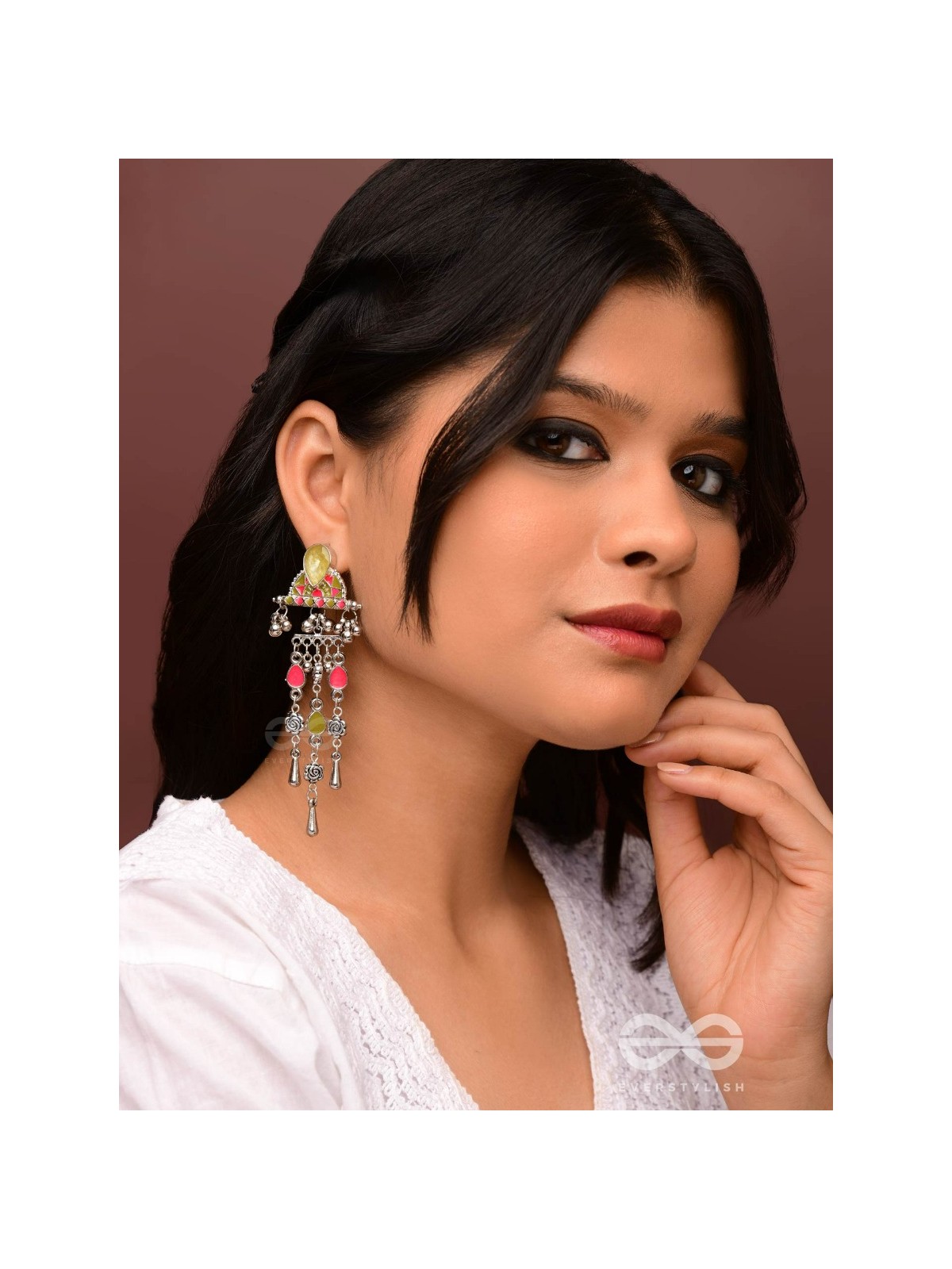 The Olive Roses - Stone Enamelled Oxidised Earrings