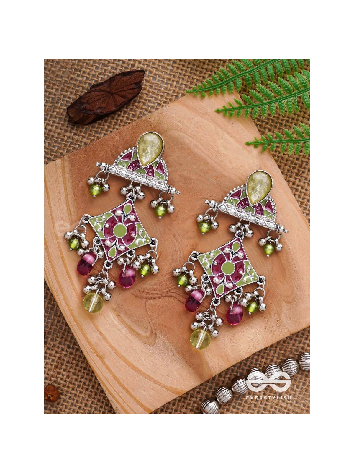 The Fresh Rubies - Stone And Glass Drops Enamelled Oxidised Earrings