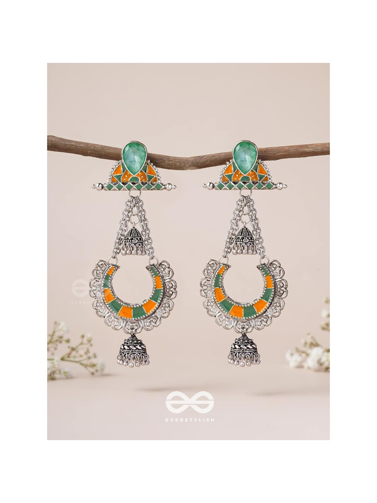 The Sage Swirls - Stone Enamelled Oxidised Earrings