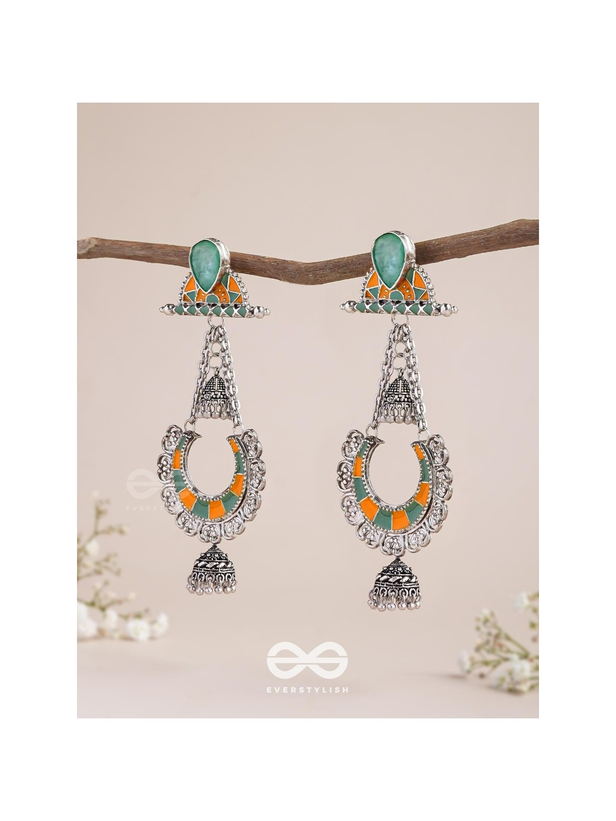 The Sage Swirls - Stone Enamelled Oxidised Earrings