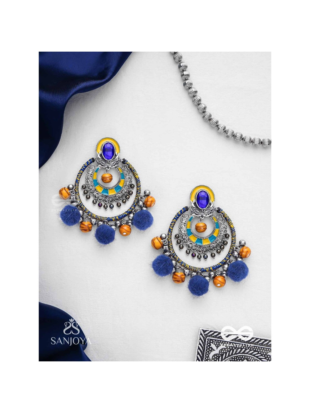 Manishyam - The Sapphire Radiance - Stone, Resham And Beads Hand Embroidered Enamelled Oxidised Earrings