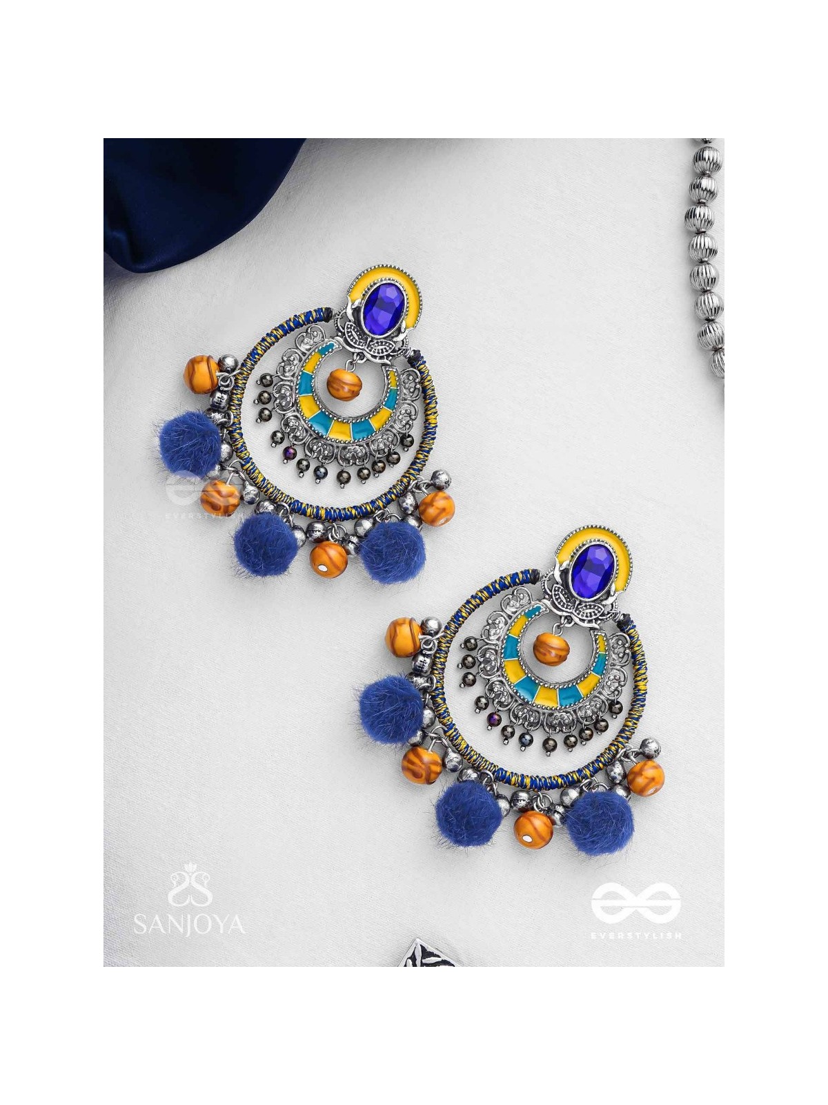 Manishyam - The Sapphire Radiance - Stone, Resham And Beads Hand Embroidered Enamelled Oxidised Earrings