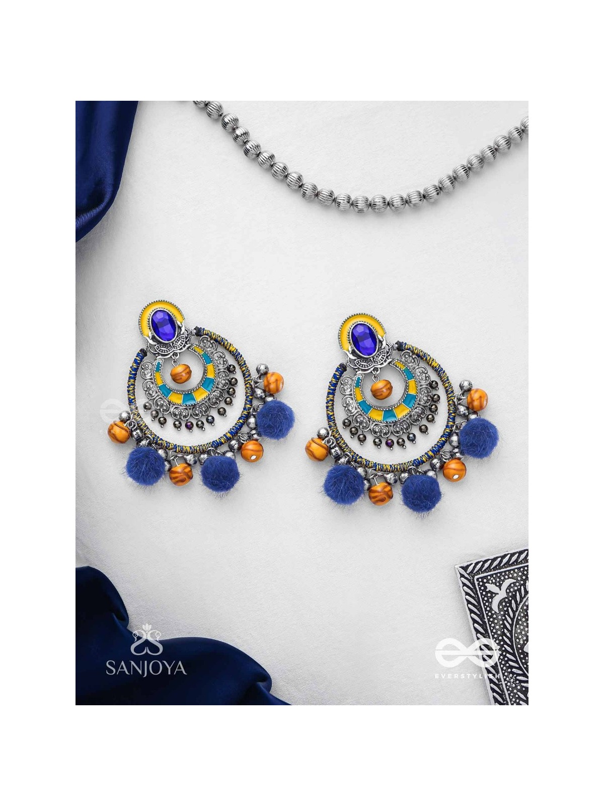 Manishyam - The Sapphire Radiance - Stone, Resham And Beads Hand Embroidered Enamelled Oxidised Earrings