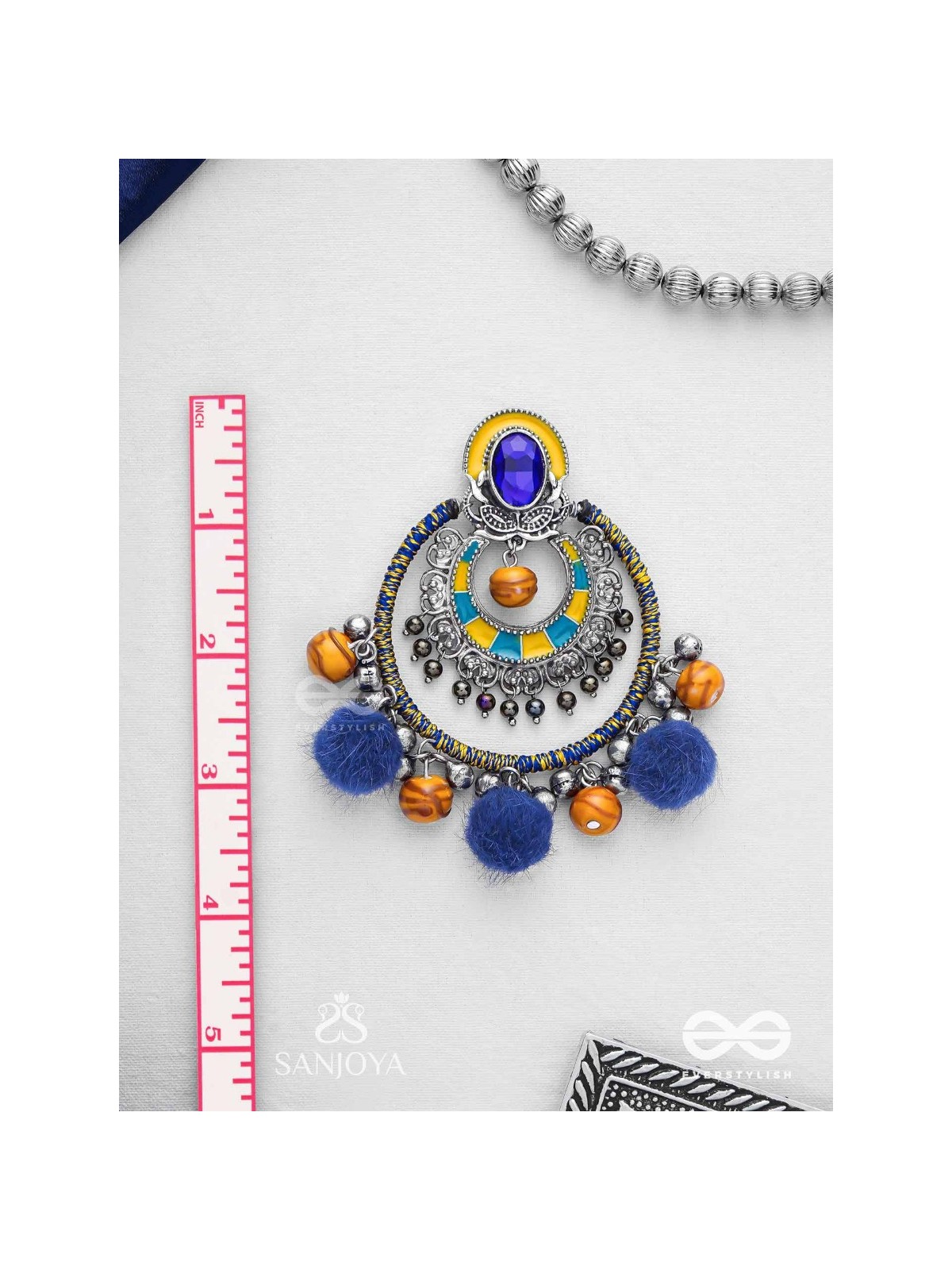Manishyam - The Sapphire Radiance - Stone, Resham And Beads Hand Embroidered Enamelled Oxidised Earrings