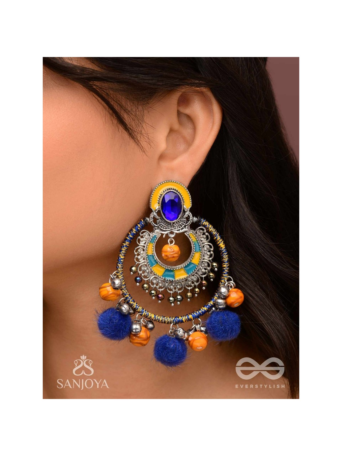 Manishyam - The Sapphire Radiance - Stone, Resham And Beads Hand Embroidered Enamelled Oxidised Earrings