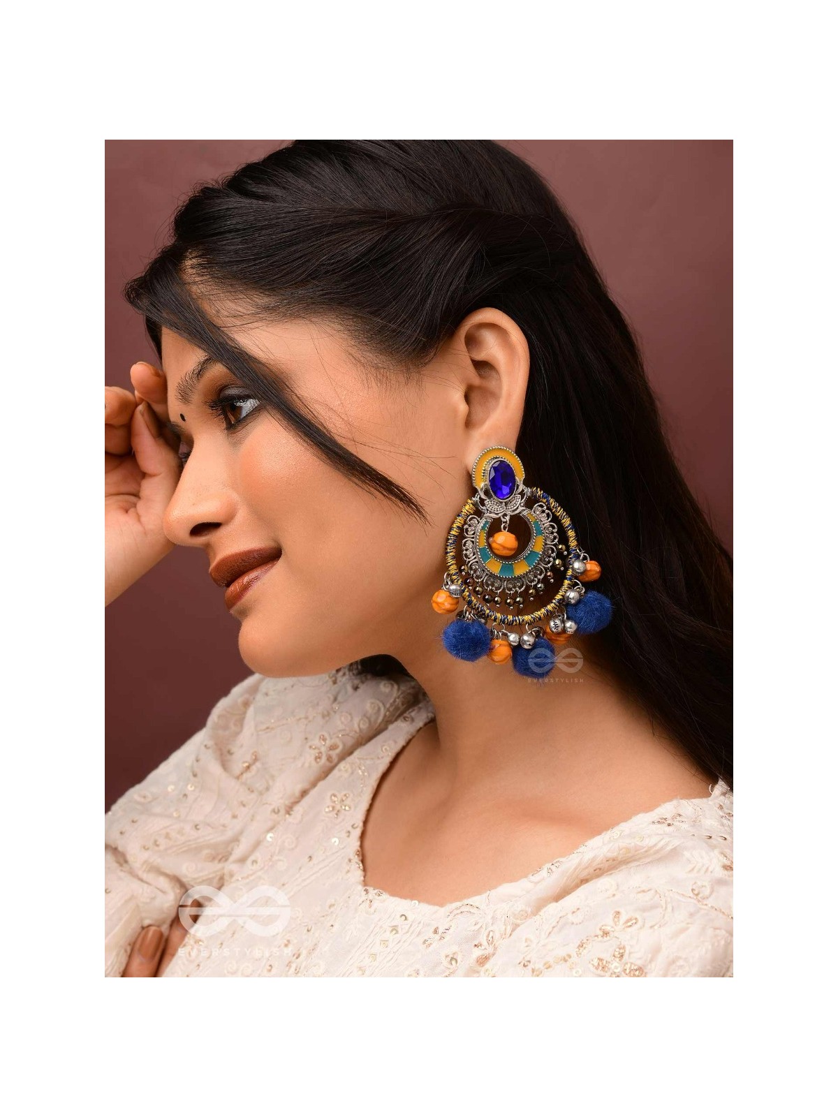 Manishyam - The Sapphire Radiance - Stone, Resham And Beads Hand Embroidered Enamelled Oxidised Earrings