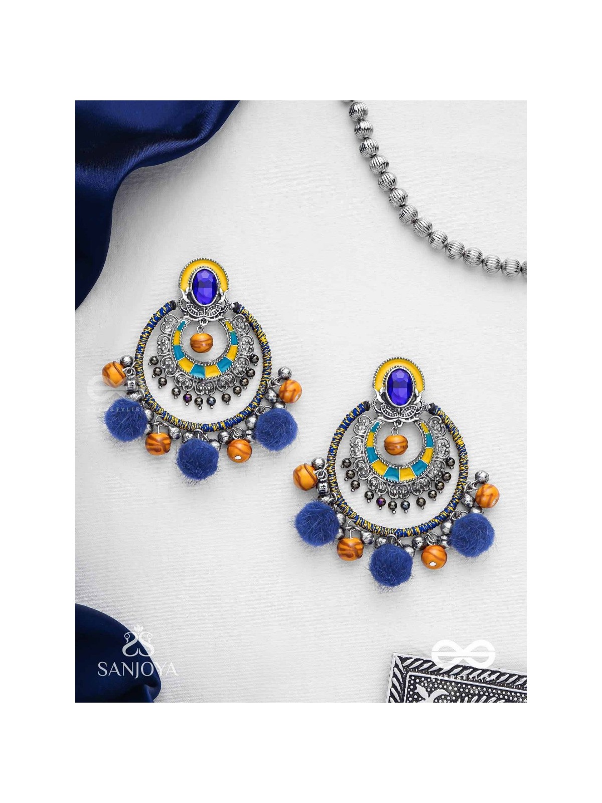 Manishyam - The Sapphire Radiance - Stone, Resham And Beads Hand Embroidered Enamelled Oxidised Earrings