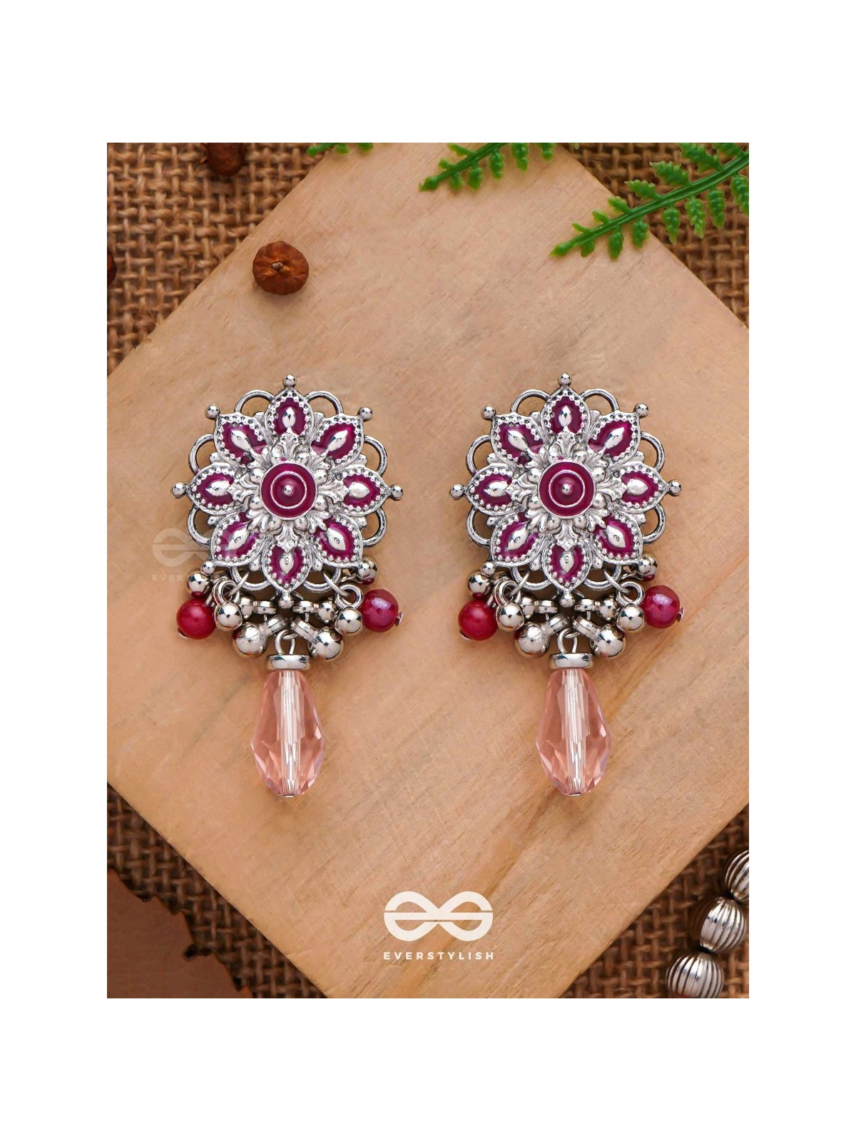 The Rosy Intricacy - Enamelled Oxidised Earrings
