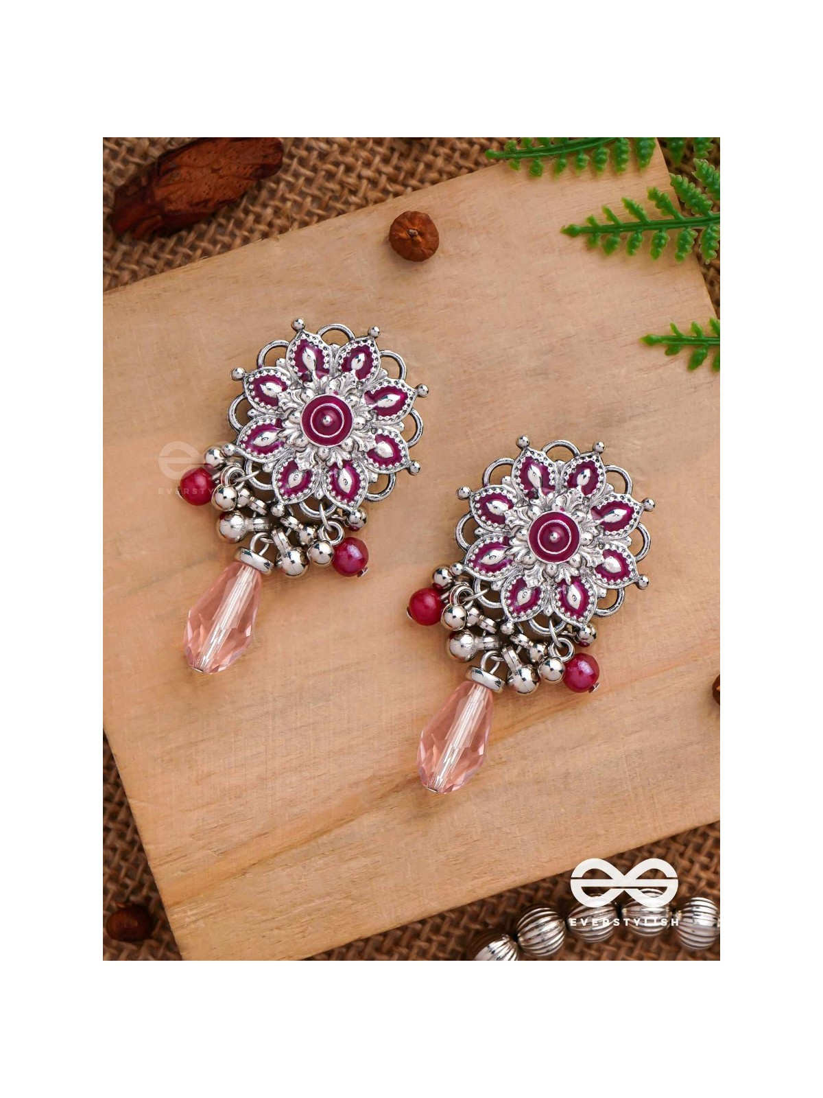 The Rosy Intricacy - Enamelled Oxidised Earrings