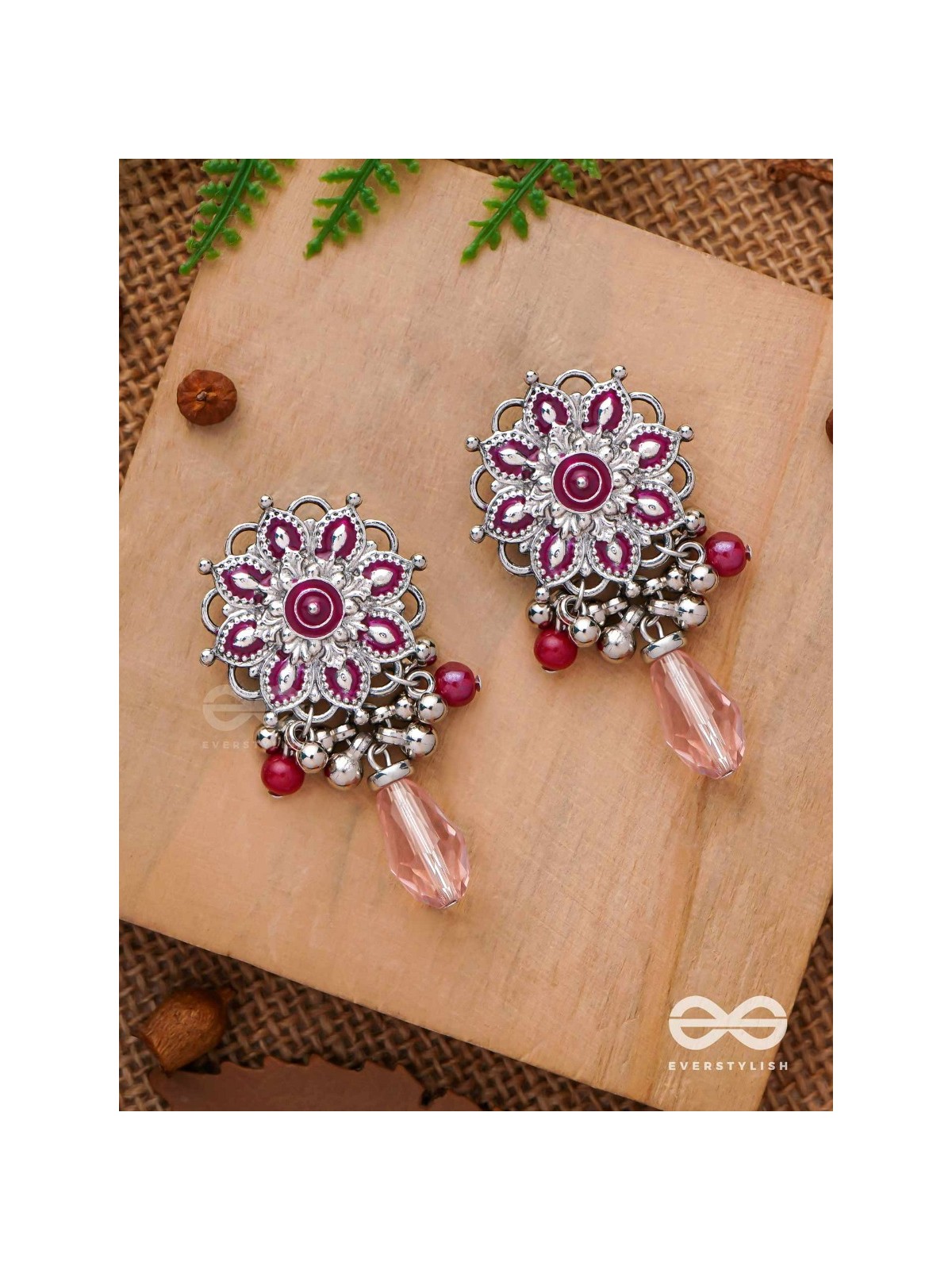 The Rosy Intricacy - Enamelled Oxidised Earrings