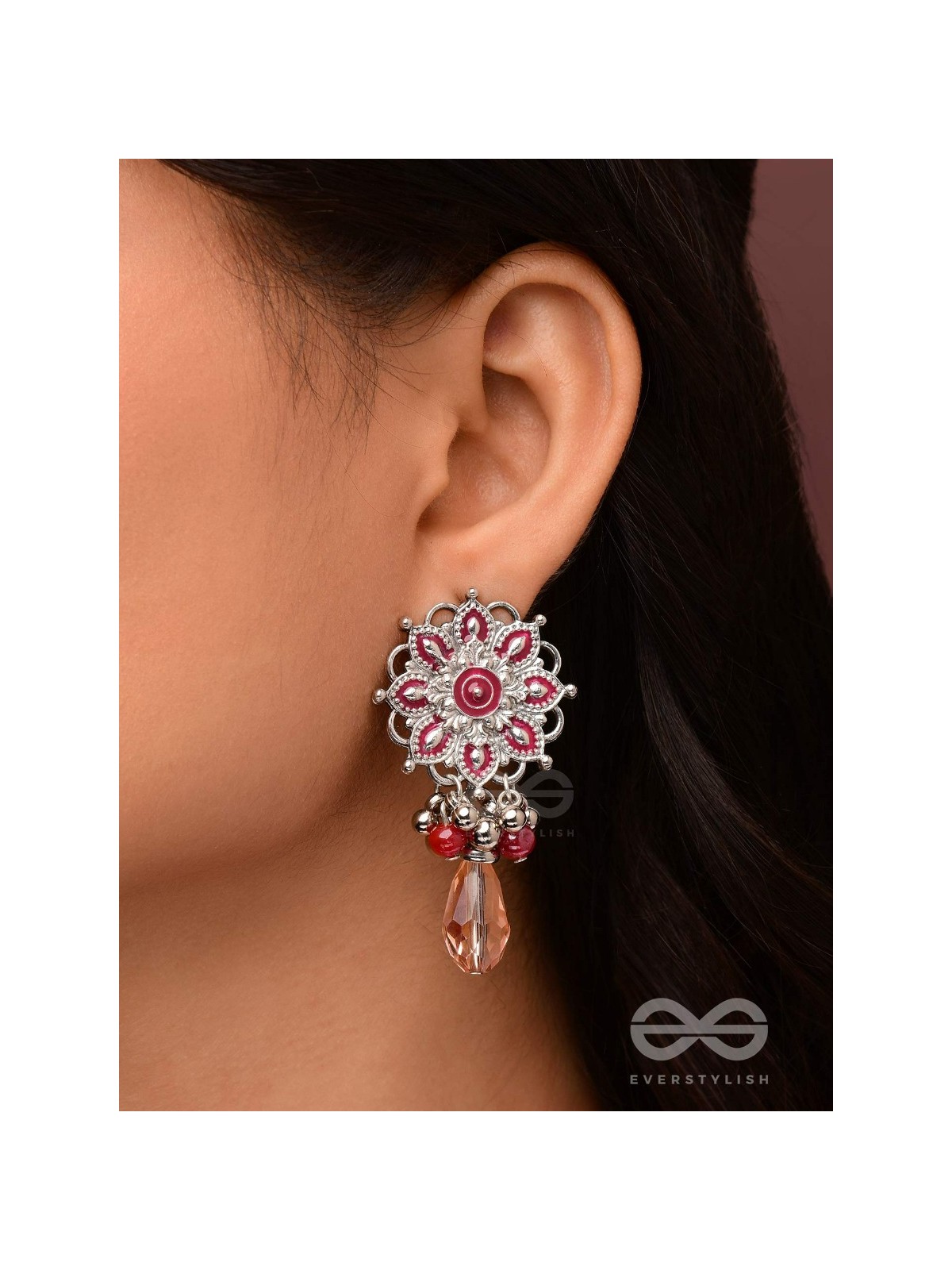 The Rosy Intricacy - Enamelled Oxidised Earrings