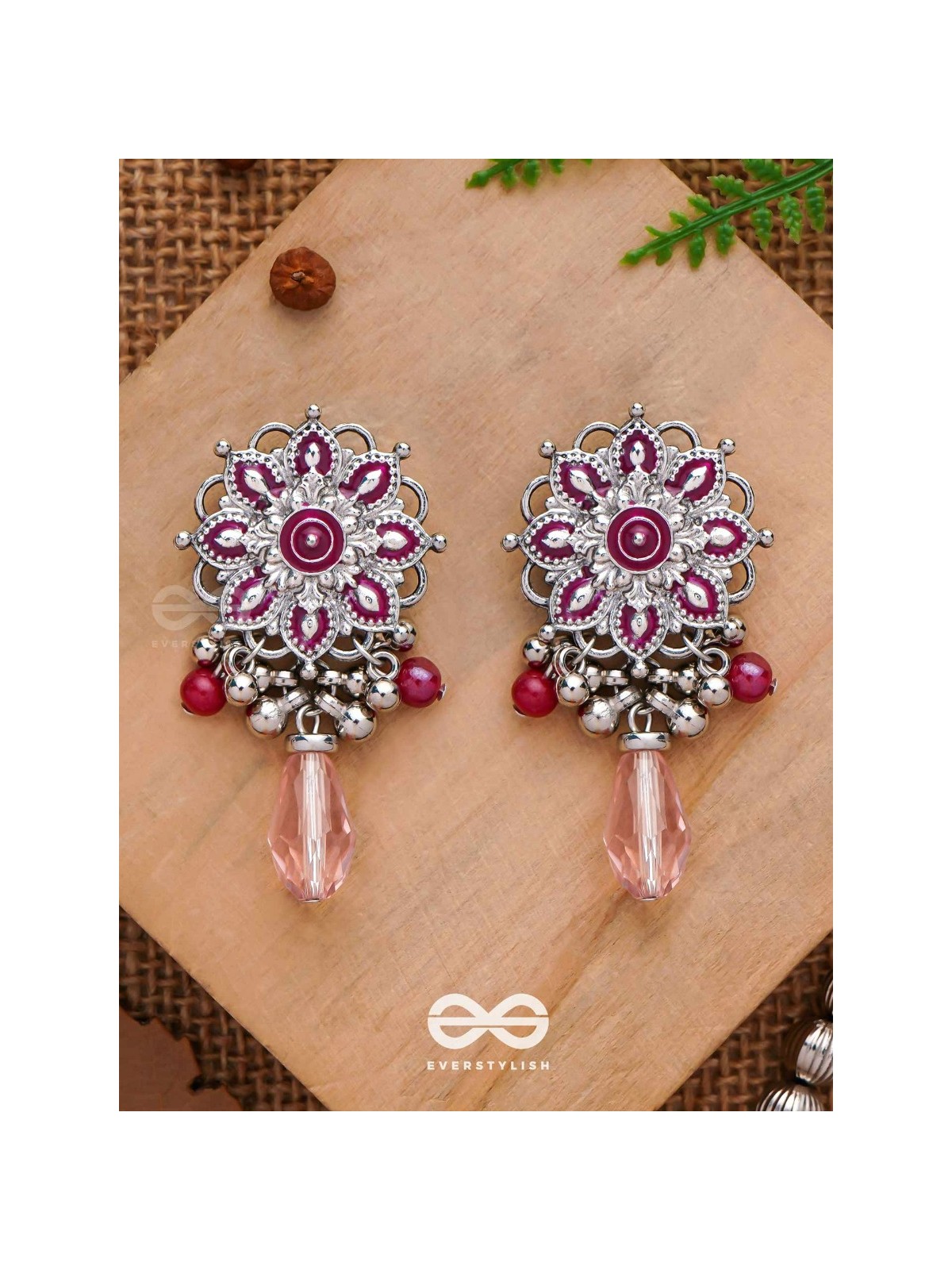 The Rosy Intricacy - Enamelled Oxidised Earrings