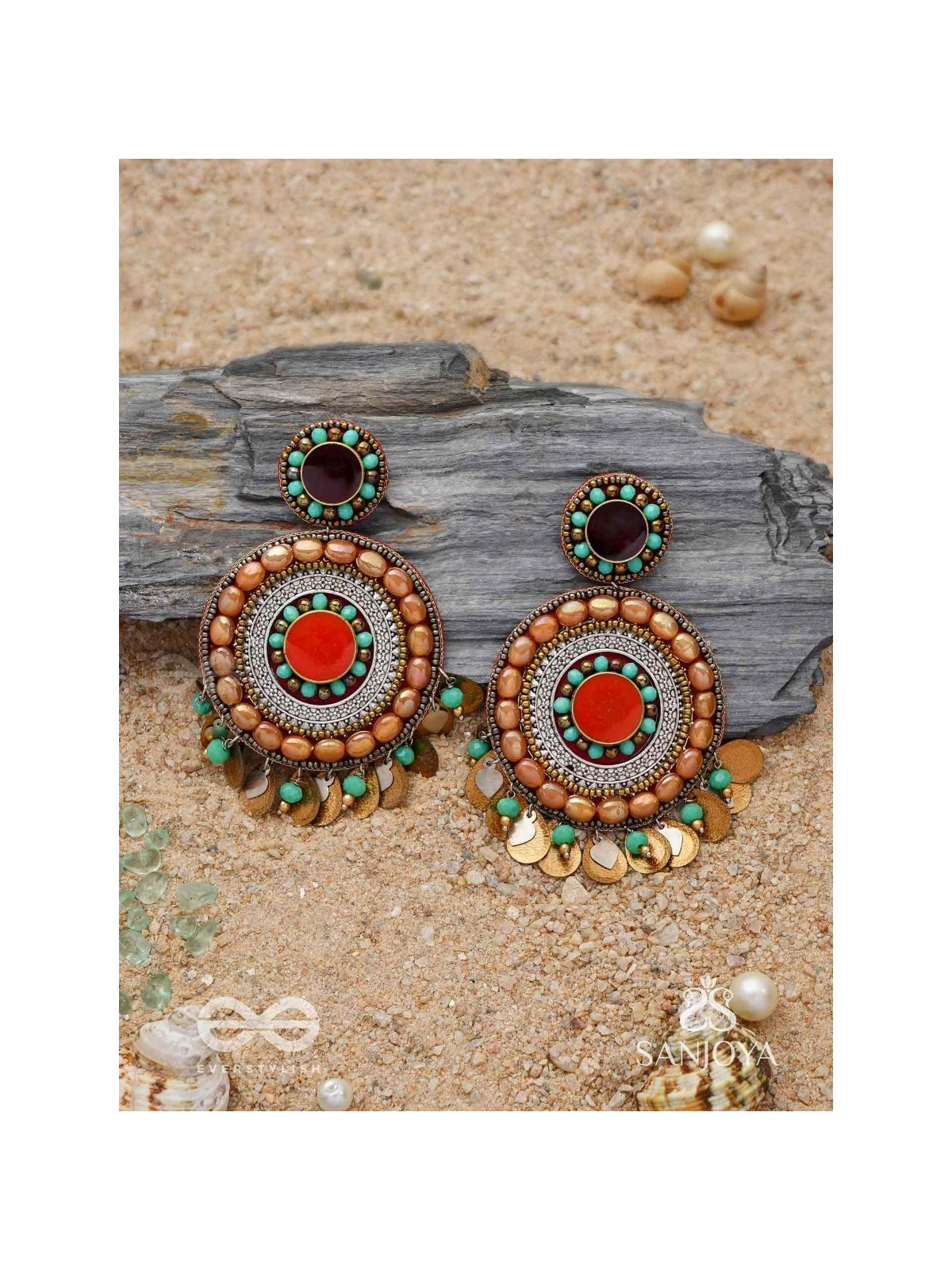 Kadrav - The Auburn Peals - Beads And Coins Hand Embroidered Enamelled Oxidised Earrings