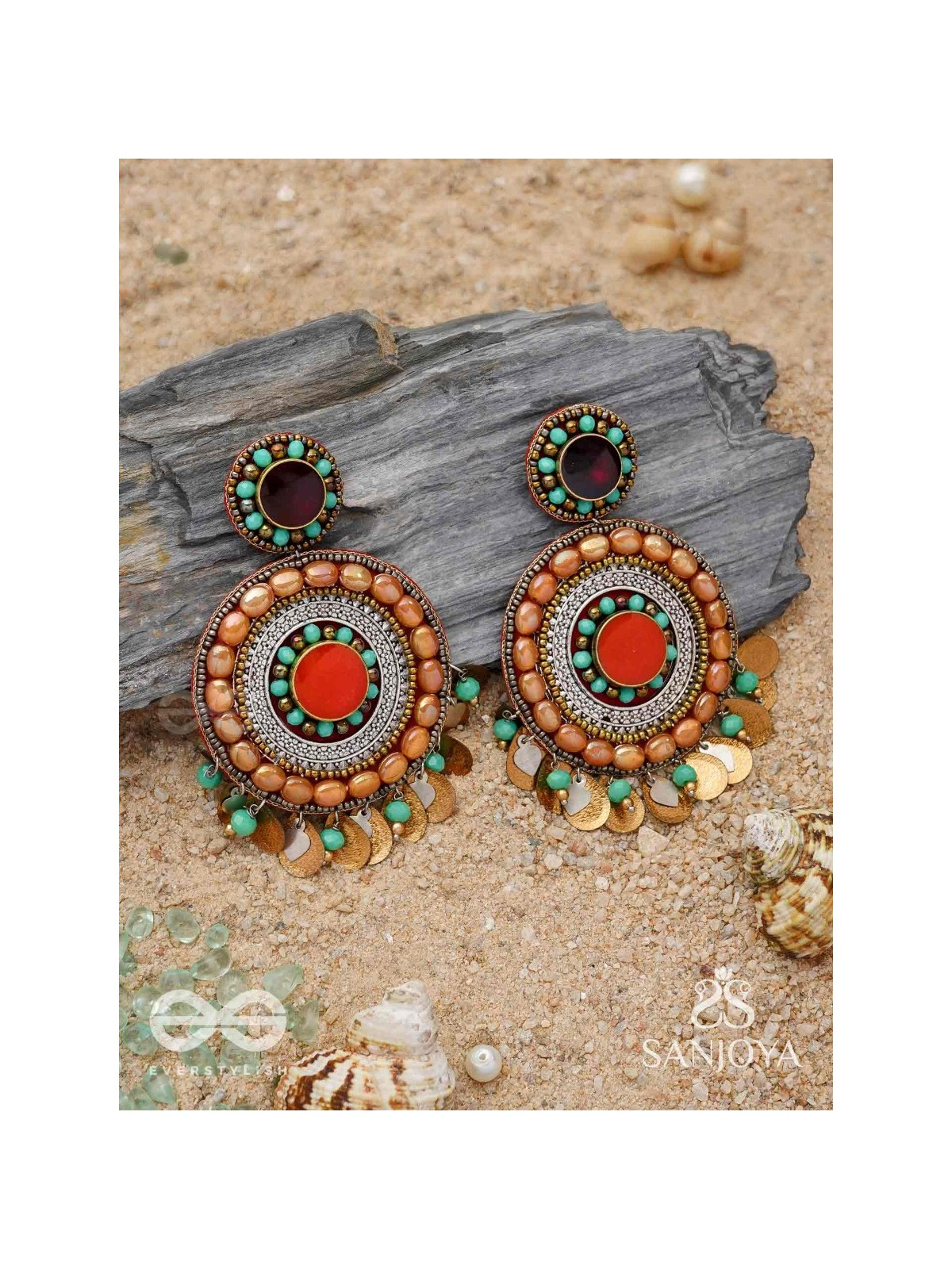 Kadrav - The Auburn Peals - Beads And Coins Hand Embroidered Enamelled Oxidised Earrings