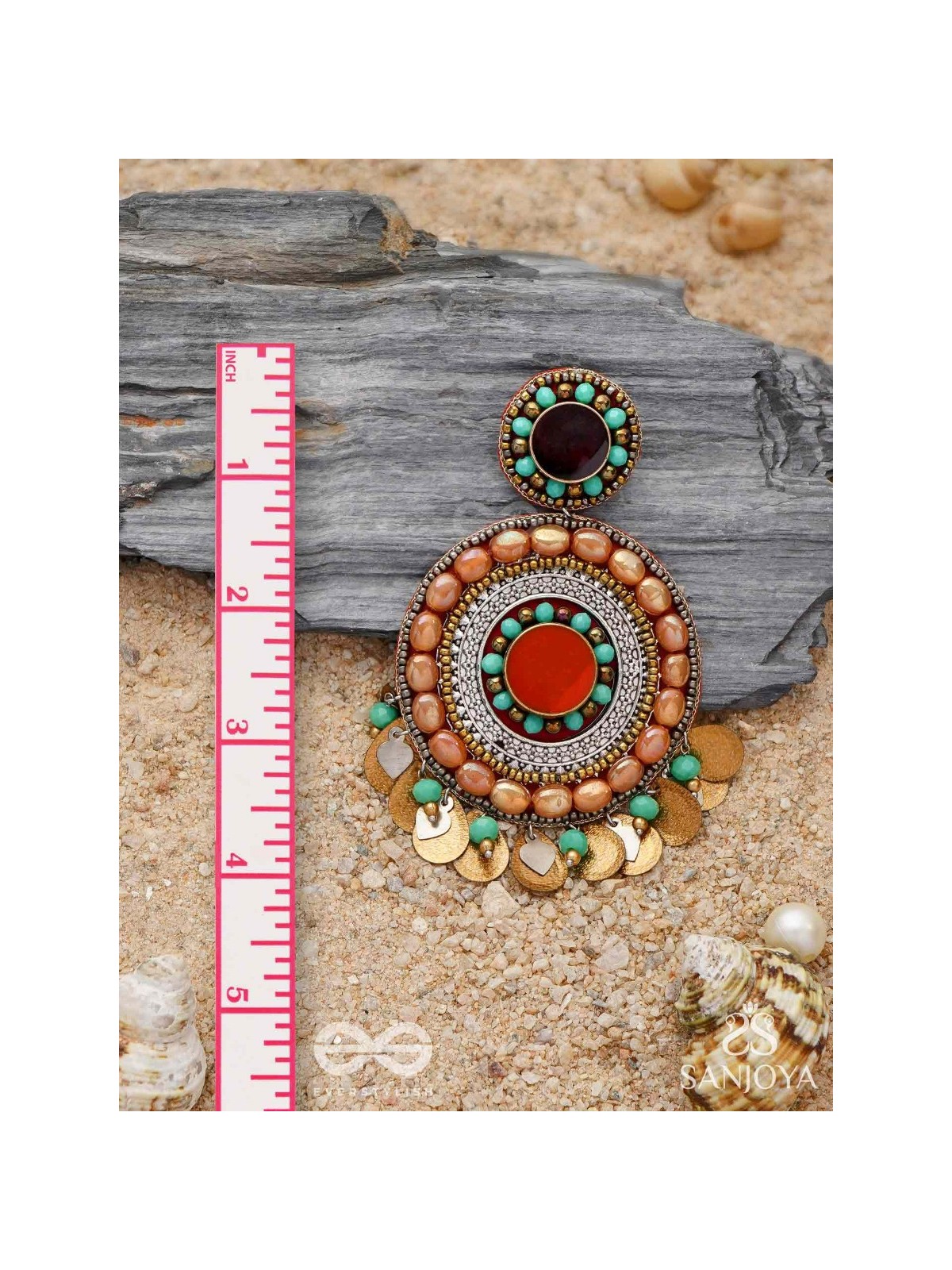 Kadrav - The Auburn Peals - Beads And Coins Hand Embroidered Enamelled Oxidised Earrings