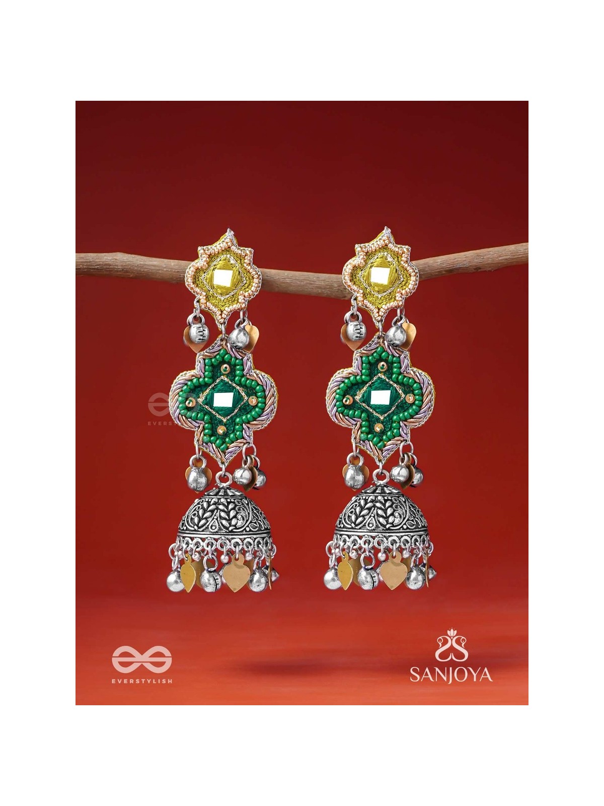 Aranyaj - Song Of The Forest - Beads, Dabka And Coins Hand Embroidered Oxidised Jhumka Earrings
