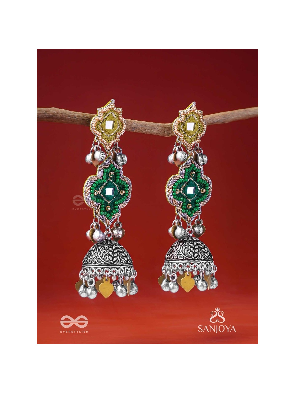 Aranyaj - Song Of The Forest - Beads, Dabka And Coins Hand Embroidered Oxidised Jhumka Earrings