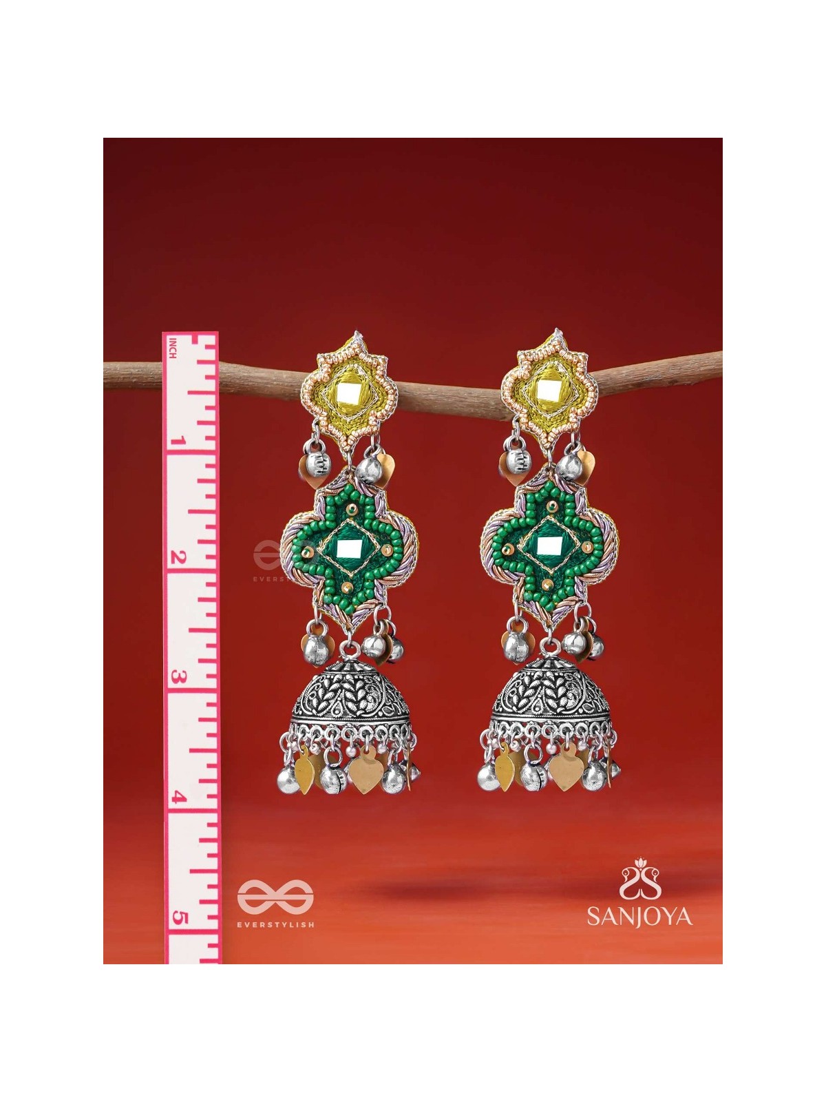 Aranyaj - Song Of The Forest - Beads, Dabka And Coins Hand Embroidered Oxidised Jhumka Earrings