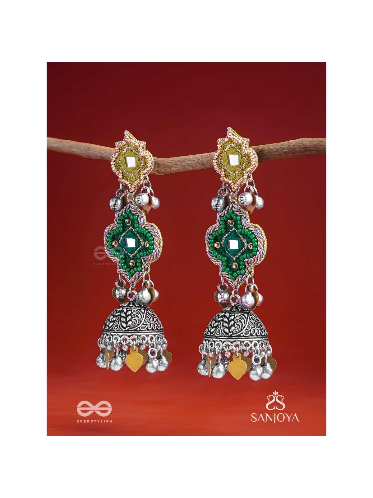 Aranyaj - Song Of The Forest - Beads, Dabka And Coins Hand Embroidered Oxidised Jhumka Earrings