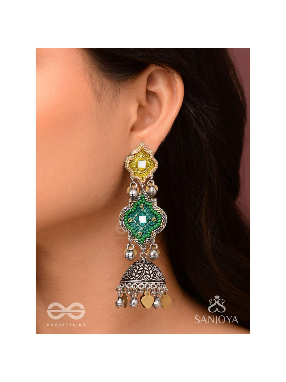 Aranyaj - Song Of The Forest - Beads, Dabka And Coins Hand Embroidered Oxidised Jhumka Earrings