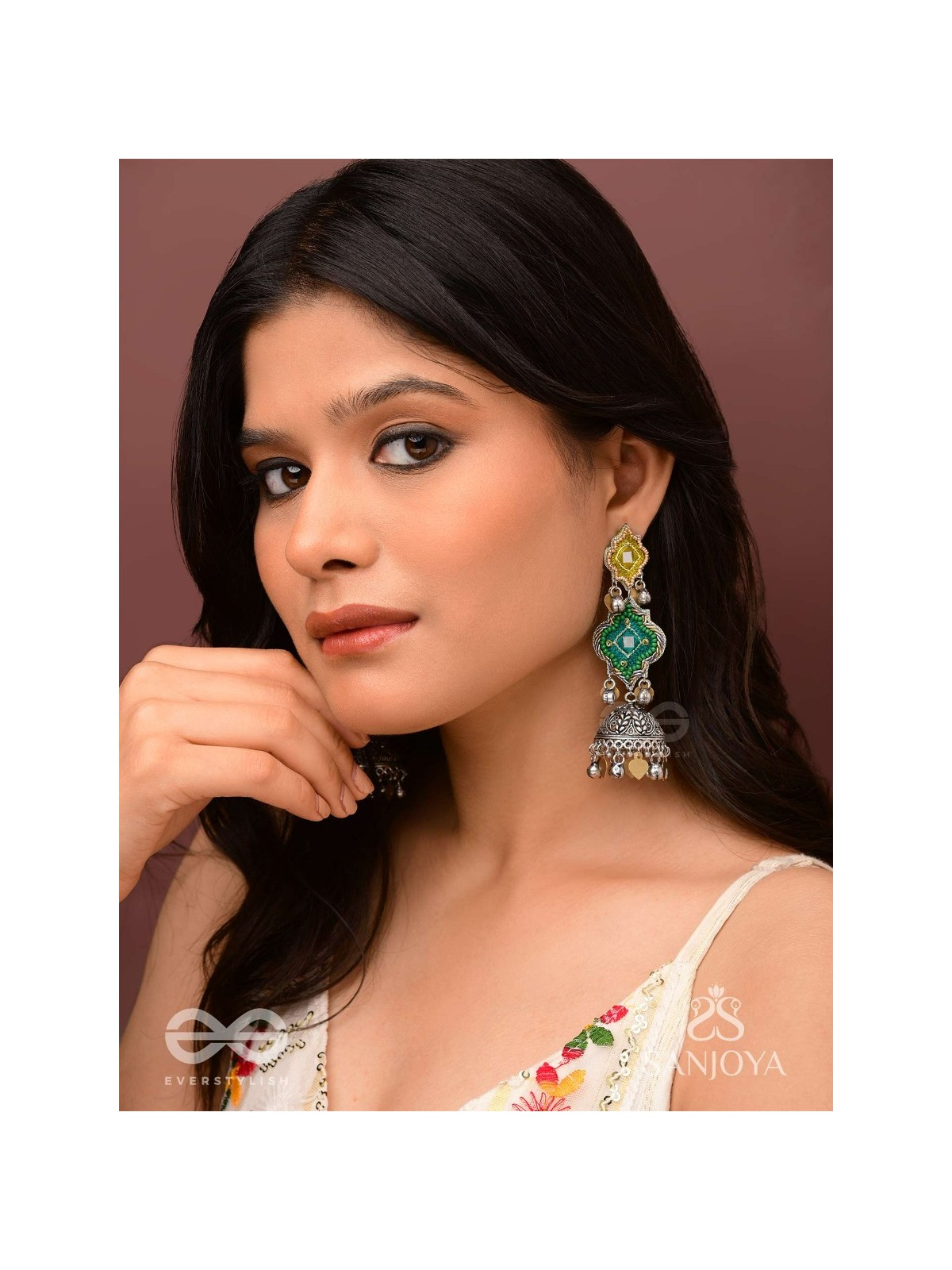 Aranyaj - Song Of The Forest - Beads, Dabka And Coins Hand Embroidered Oxidised Jhumka Earrings