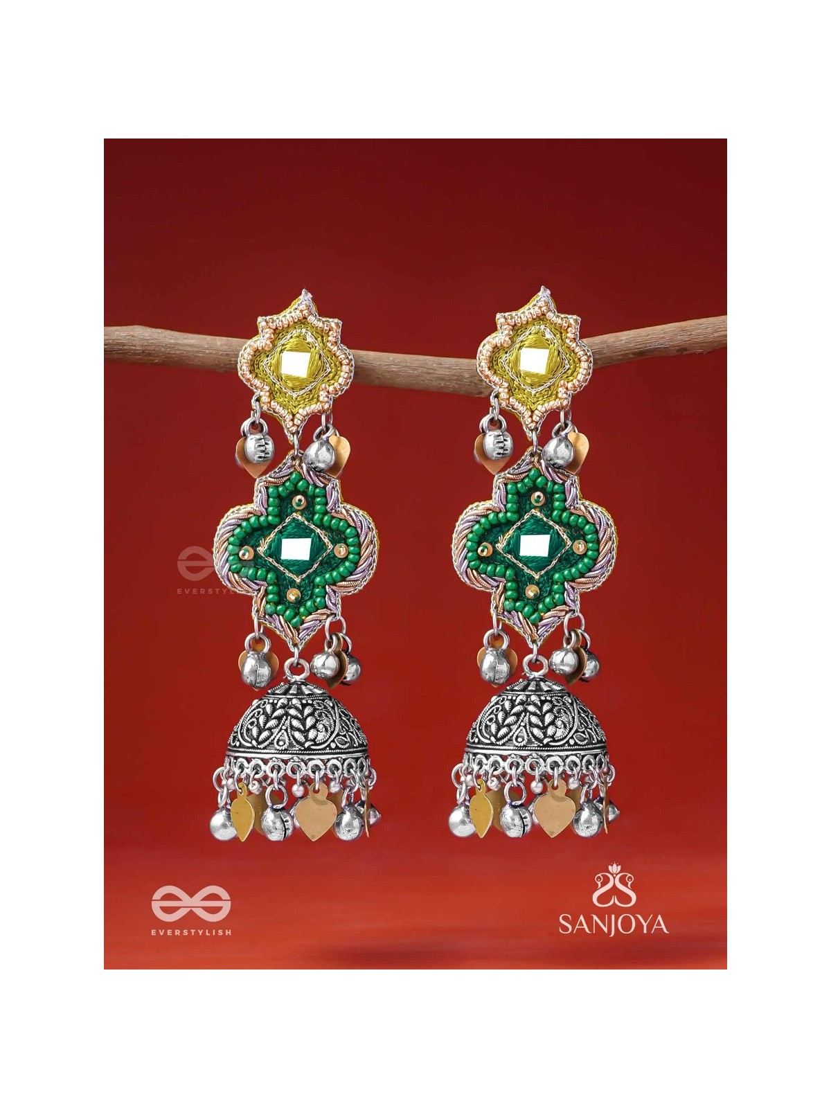 Aranyaj - Song Of The Forest - Beads, Dabka And Coins Hand Embroidered Oxidised Jhumka Earrings