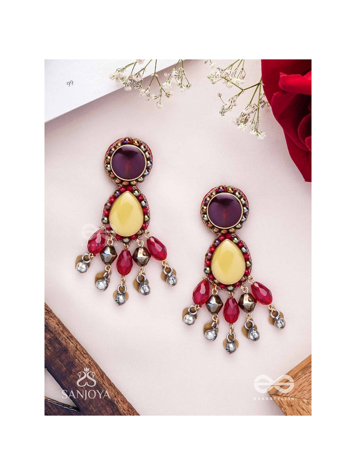 Vrind - The Creamy Berries - Beads, Glass Drops And Coins Hand Embroidered Oxidised Earrings