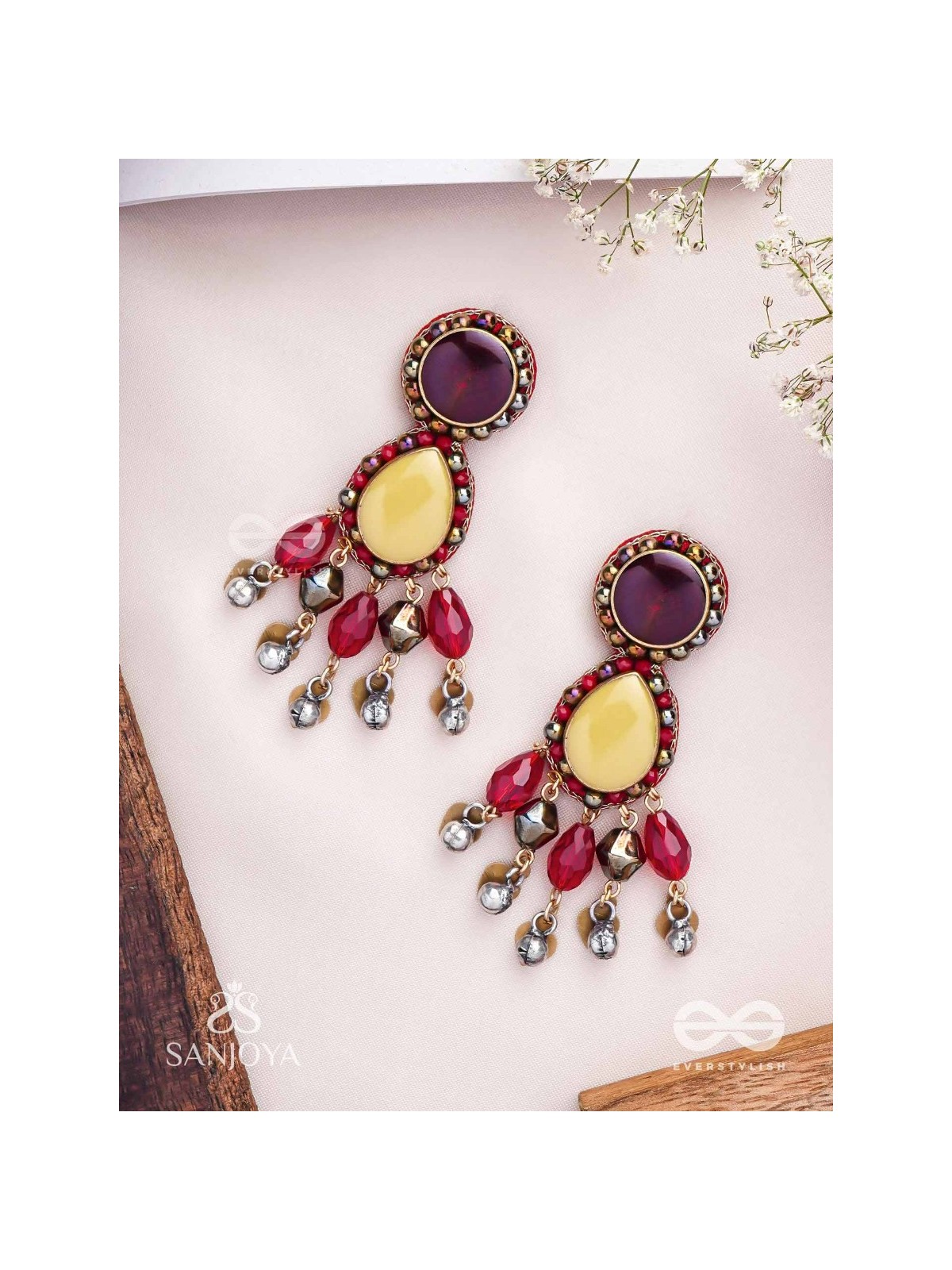 Vrind - The Creamy Berries - Beads, Glass Drops And Coins Hand Embroidered Oxidised Earrings