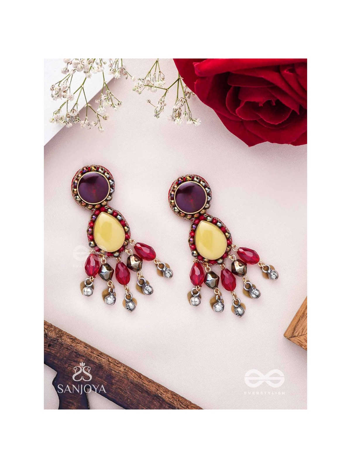 Vrind - The Creamy Berries - Beads, Glass Drops And Coins Hand Embroidered Oxidised Earrings