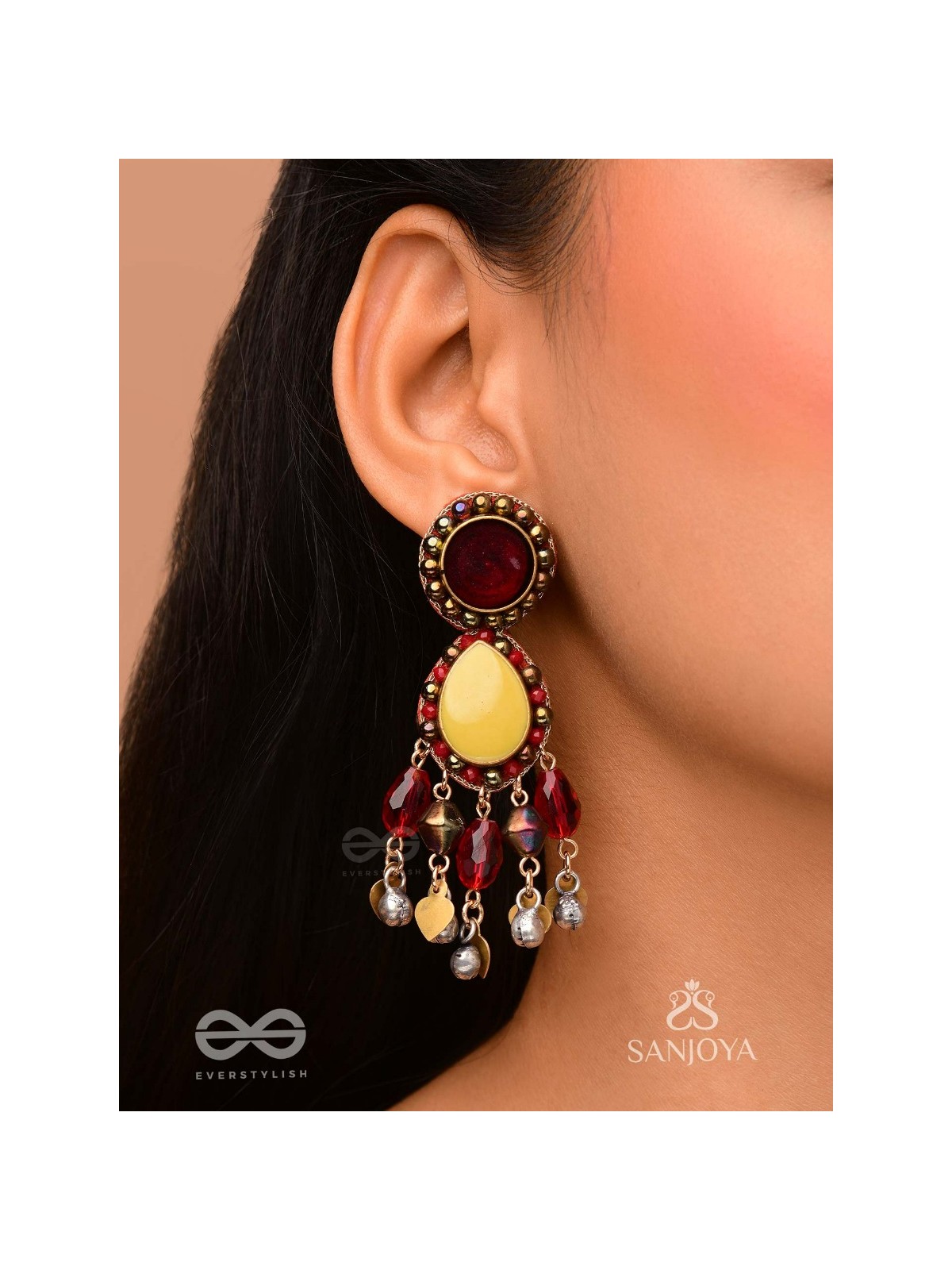 Vrind - The Creamy Berries - Beads, Glass Drops And Coins Hand Embroidered Oxidised Earrings