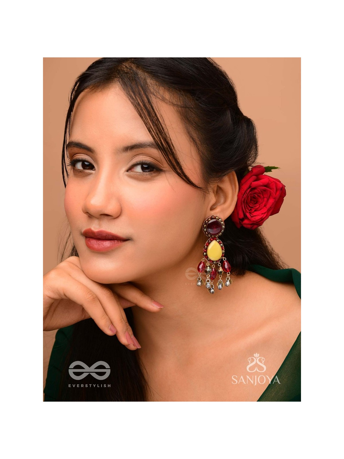 Vrind - The Creamy Berries - Beads, Glass Drops And Coins Hand Embroidered Oxidised Earrings