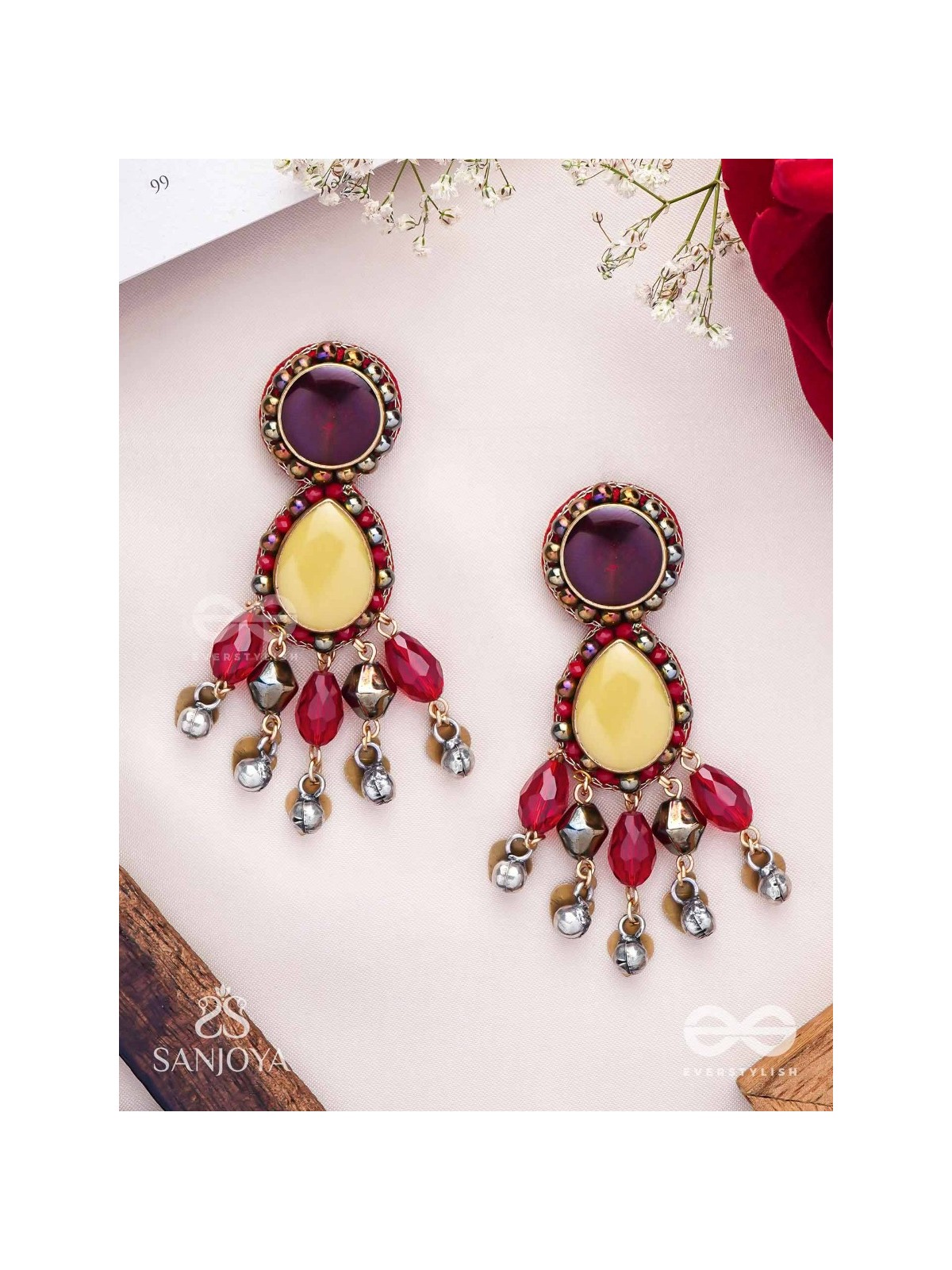 Vrind - The Creamy Berries - Beads, Glass Drops And Coins Hand Embroidered Oxidised Earrings