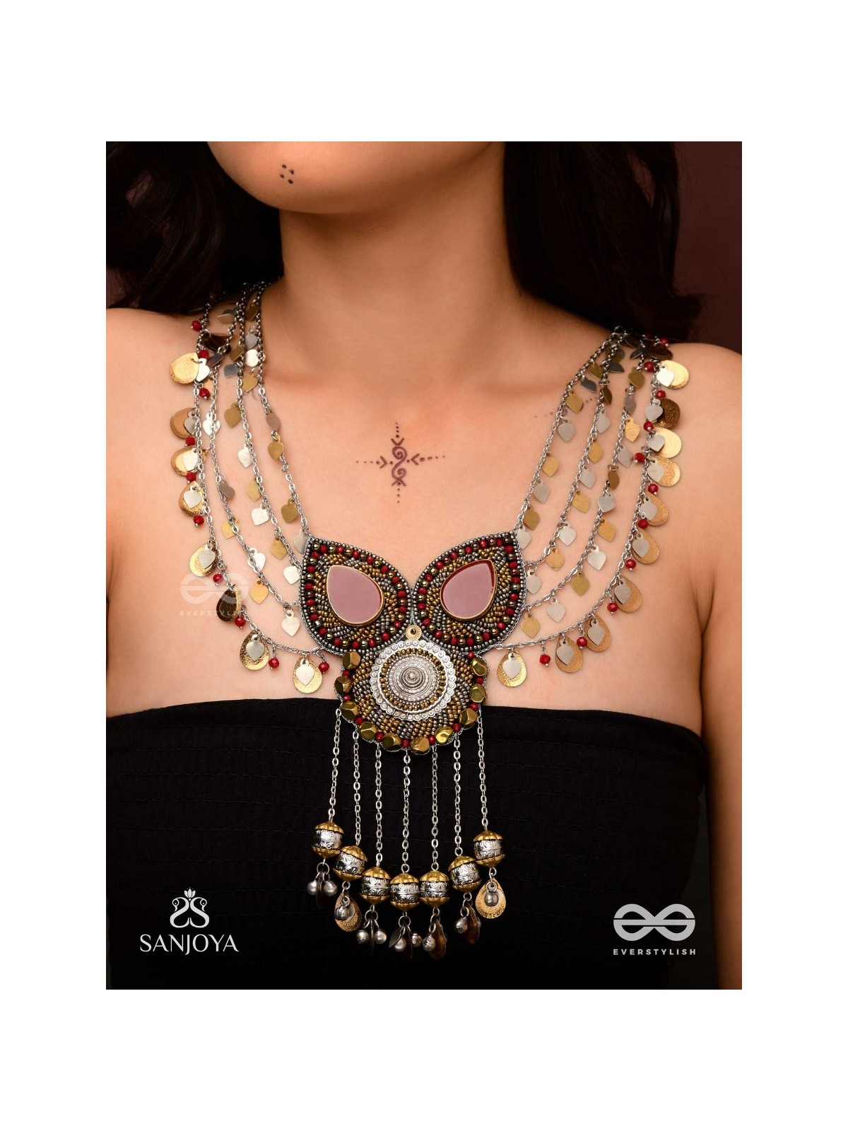 Sambhrit - The Mighty Chants - Beads And Coins Hand Embroidered Oxidised Neckpiece