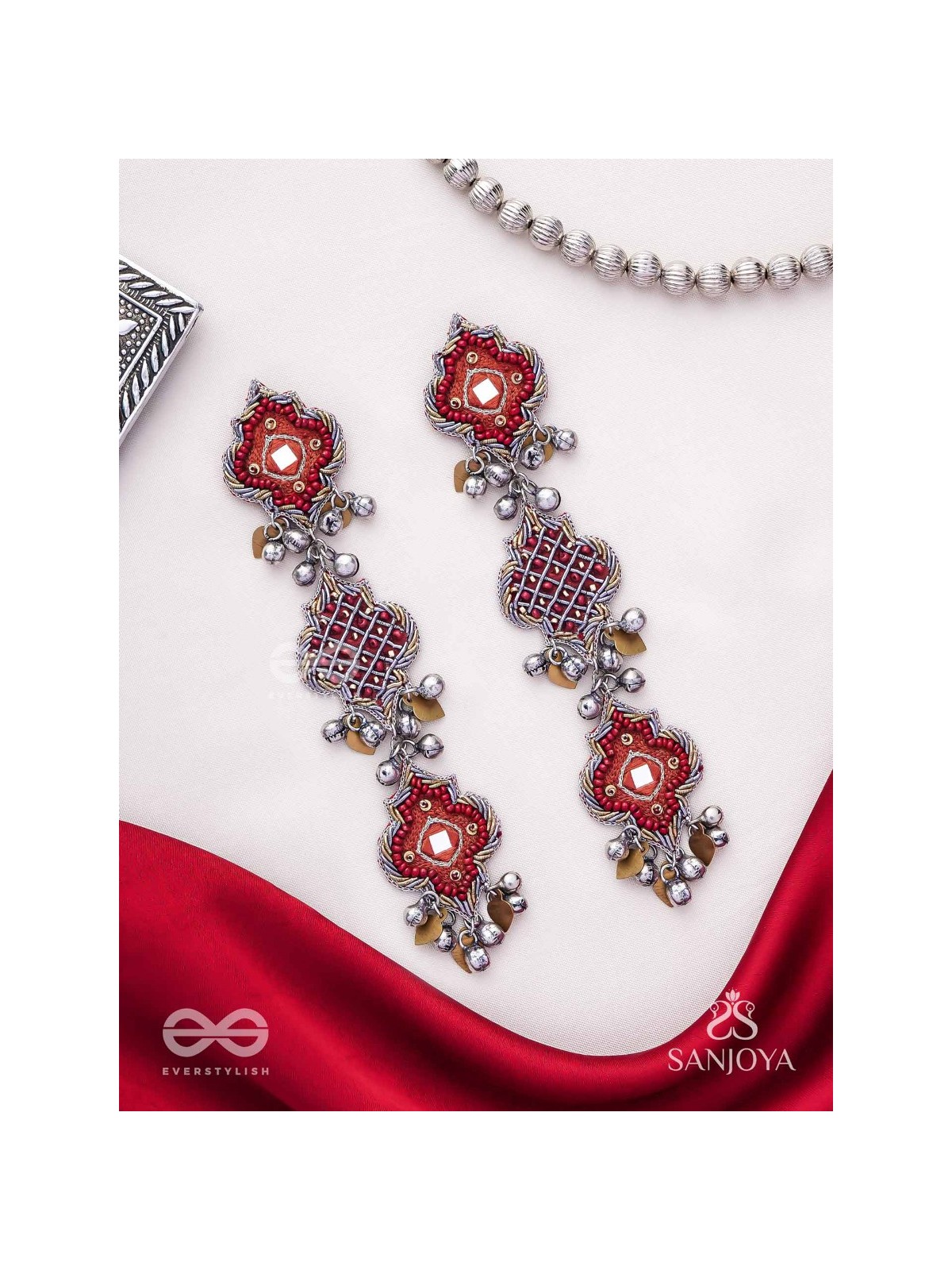 Yashas - The Maple Grandeur - Beads, Coins And Dabka Hand Embroidered Oxidised Earrings